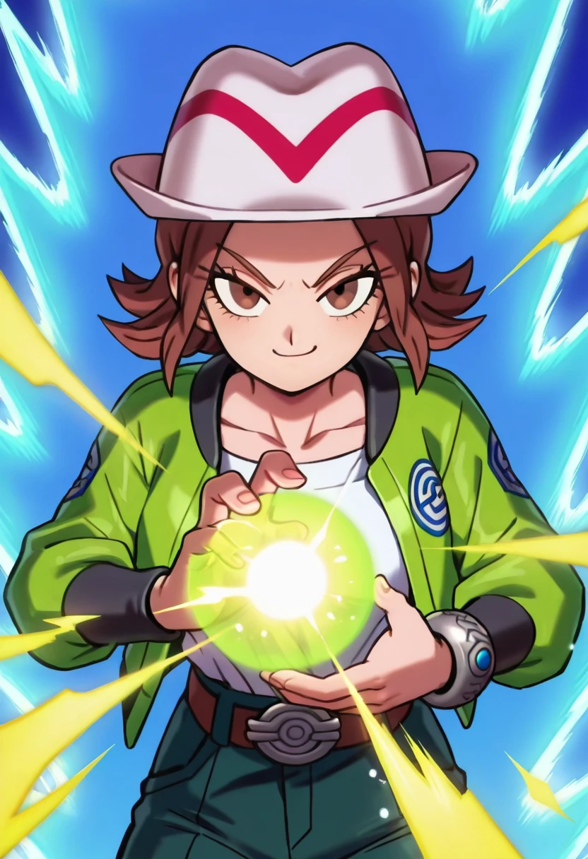 masterpiece, best quality, solo, curvy, beautiful eyes, zzMC, brown eyes, brown hair, short hair, medium hair, white headwear, green jacket, long sleeves, open jacket, white shirt, collarbone, pants, bracelet, belt buckle, , <lora:ProtagonistFPokemonZA_IXL_v1:1.0>,,vivid aura, looking at viewer, blue background, smug, aura, super saiyan, charging energy, energy ball, energy, lightning, <lora:DBSBroly_Style_IXL_v2:0.6>,