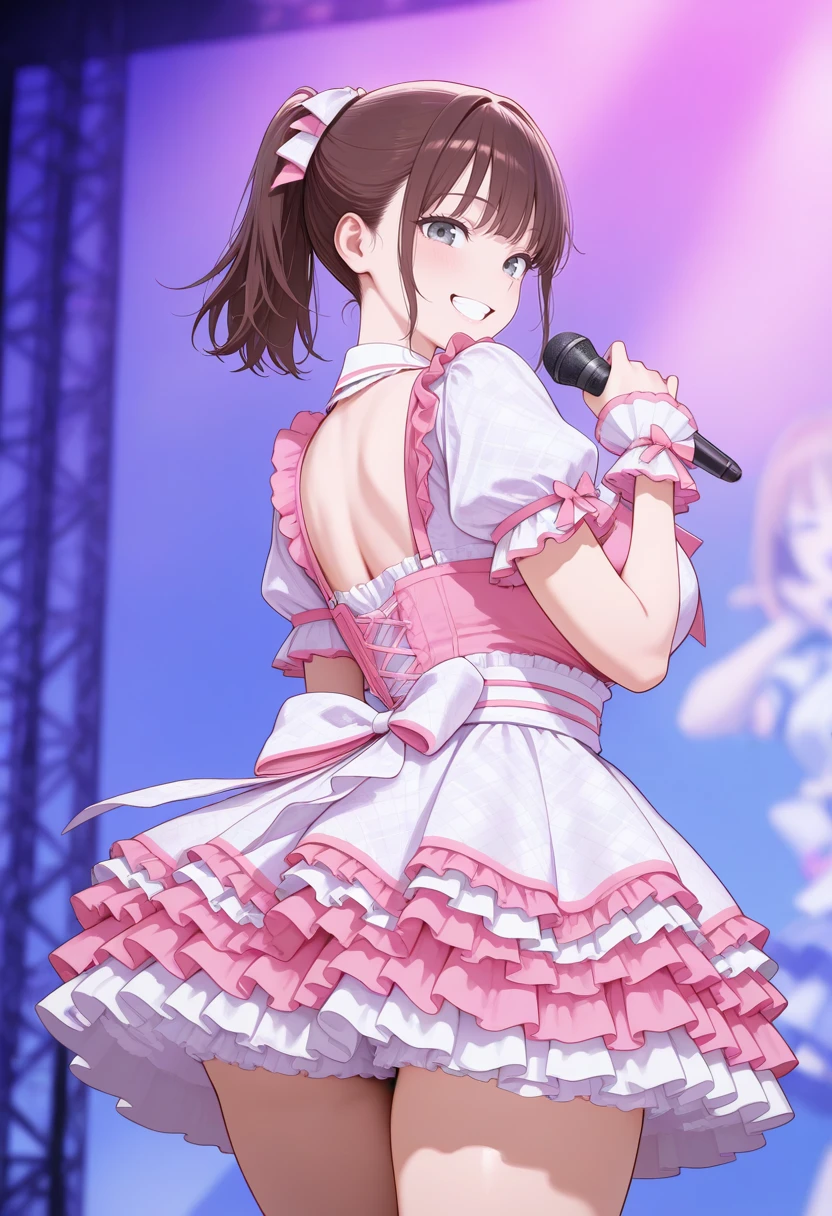 masterpiece,best quality,amazing quality, very aesthetic, ((outlined outlined vector graphics)), cute face, (glow eyes:0.5) , back view , looking at viewer , cowboy shot,
1girl,20yo, brown hair, gray eyes, (large breast:1), (ponytail:1.1), medium hair,(curvy:1.1),bangs,
pink clothes, (focus female), smile,grin ,singing , (clothed:1.1),
idol, idol outfit, japanese-idol-outfit, clothed, frilled dress,, idol stage, , open eyes , ,
, <lora:idol-outfit-il-20:1.0>
