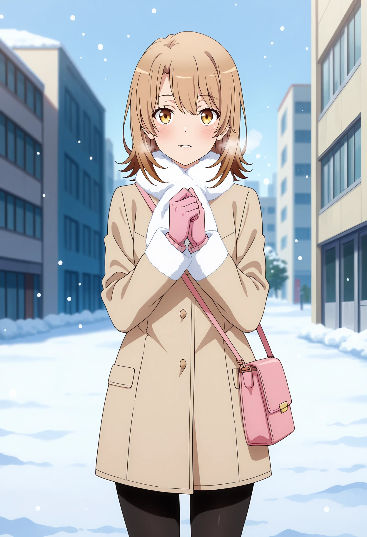 anime screencap, masterpiece, best quality,
<lora:YahariOreNoSeishunLoveComedy_IsshikiIroha_IlluXL:0.9>,
1girl, solo, parted lips, light smile, blush, breath,
medium hair, multicolored hair, light brown hair, brown hair, yellow eyes, hair between eyes,
white scarf, fur collar, brown coat, handbag, pink gloves, black pantyhose,
own hands together,
cowboy shot, standing, looking at viewer,
winter, snow, snowing, school, city, outdoors, blurry background
