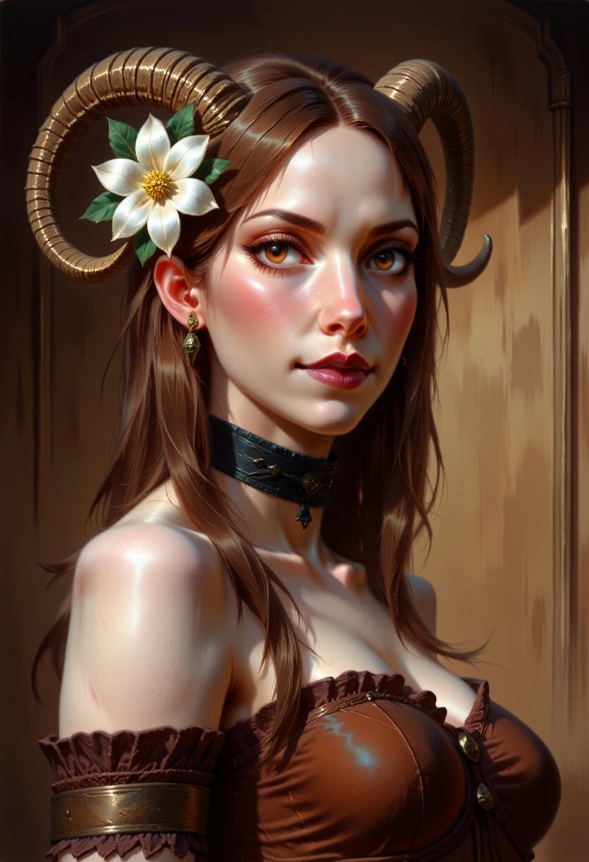 DFOP-V2.5 style oil painting that features fair-skinned woman with long straight brown hair adorned with a white flower and ram's horns. She has large expressive brown eyes a small nose and full lips. She wears a brown off-shoulder dress with lace trim and lace choker. upper body from the side