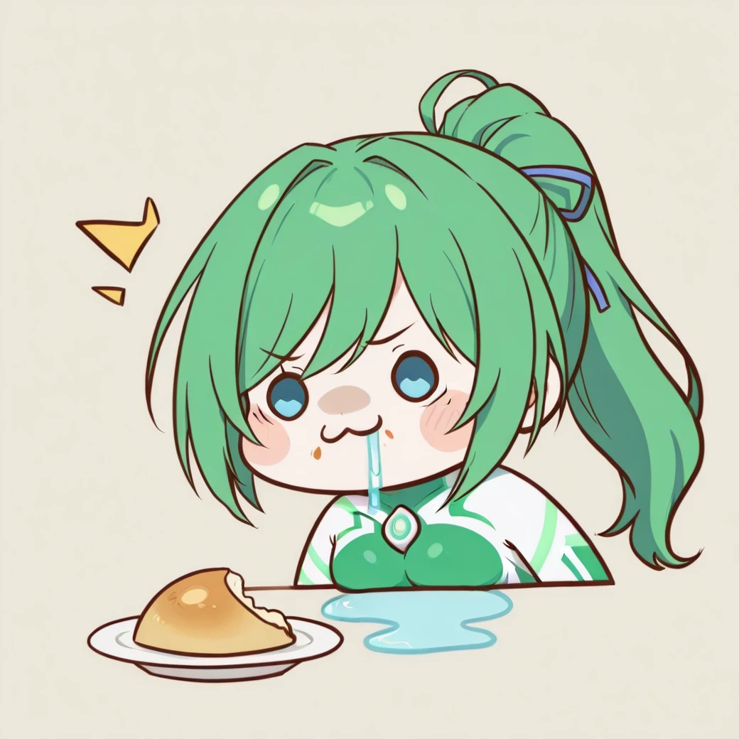 <lora:ultragirl_jue_ill_v1.0:1>,jue,green hair,ponytail,long hair,blue eyes,bodysuit,green chest jewel,white chest jewel,multicolored bodysuit,green body markings,impossible bodysuit,
1girl,solo,
<lora:chibi_drool_noob10-xl-e3:1>,chibi,drooling,head only,^^^,:3,food,
BREAK, textless version,