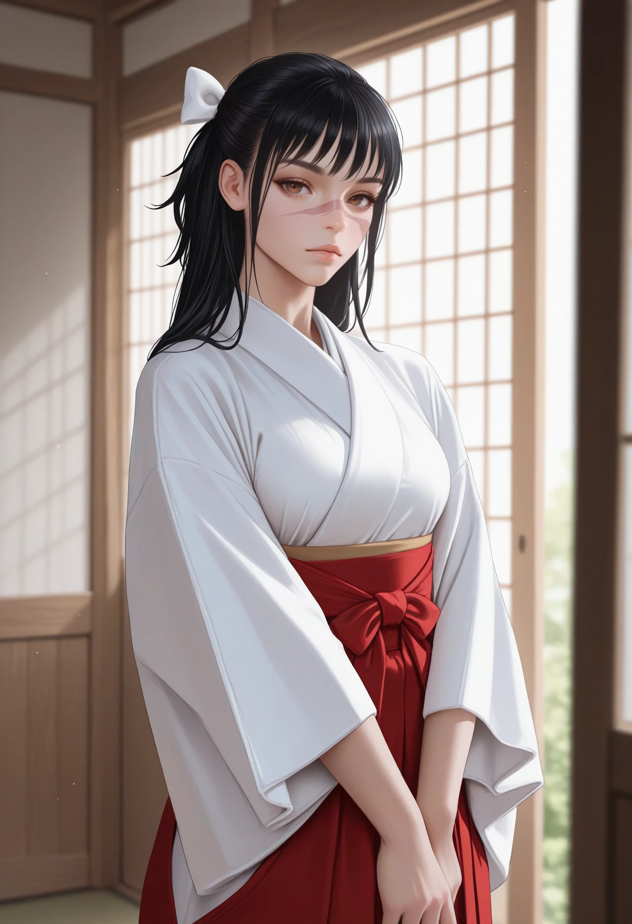 masterpiece, best quality, newest, realistic, solo, 1girl, utah1mecurr, scar on face, scar on nose, expressionless, looking at viewer, v arms, long hair, black hair, half updo, hair bow, white bow, brown eyes, japanese clothes, white kimono, long sleeves, wide sleeves, red hakama, hakama skirt, indoors
<segment:yolo-Anzhc Face seg 640 v2 y8n.pt,0.4,0.5//cid=1>