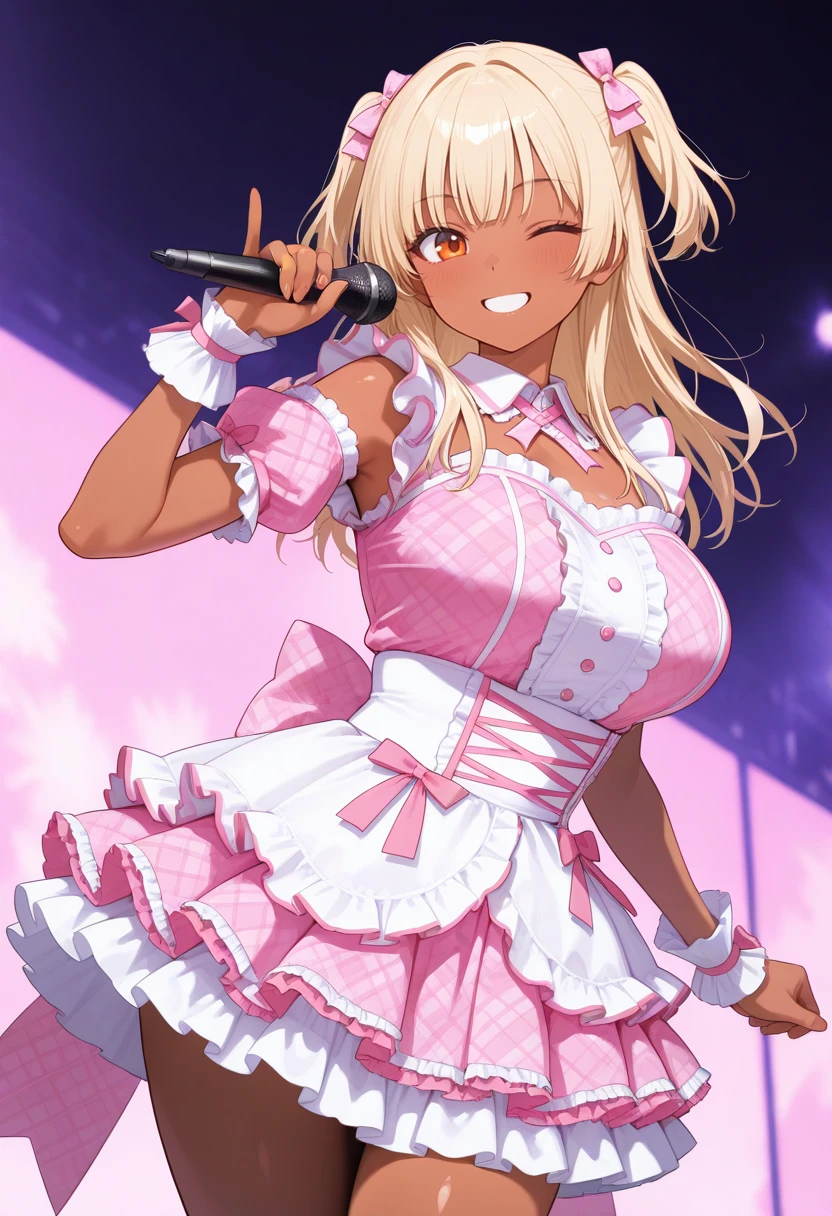 masterpiece,best quality,amazing quality, very aesthetic, ((outlined outlined vector graphics)), cute face, (glow eyes:0.5) , looking at viewer, cowboy shot,
1girl,20yo, (large breast:1.2), orange eyes, (blonde hair:1.3),long hair, (two side up:1.1), (dark skin:1.6), dark skin girl, (tall:1.2), (abs:0.7),bangs,
pink clothes, (focus female), smile, happy,action pose , (clothed:1.1),
idol, idol outfit, japanese-idol-outfit, clothed, frilled dress,, idol stage,microphone ,wink, ,
, <lora:idol-outfit-il-20:1.0>