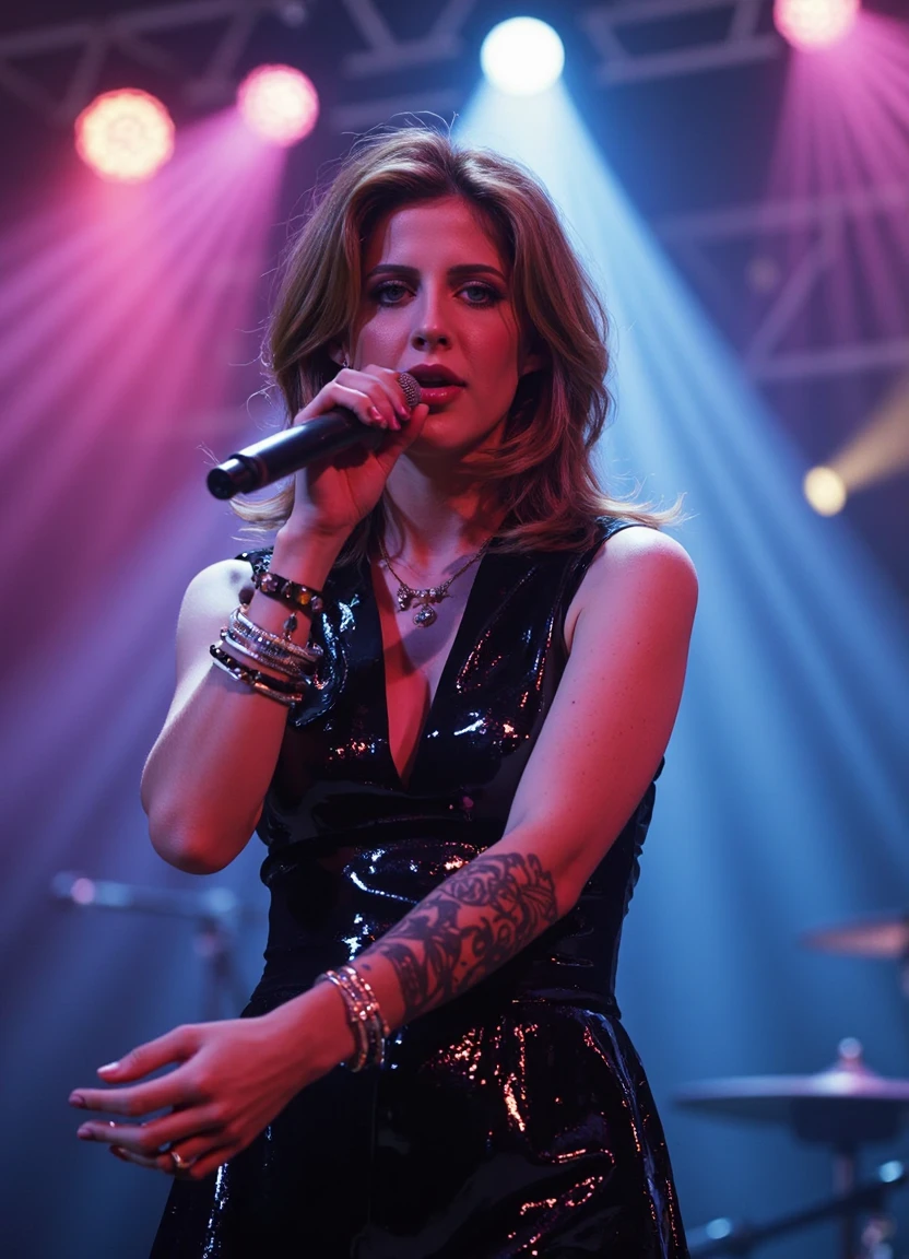 SFW, brightly lit, aidmaimageupgrader, A woman performing solo on stage, singing passionately into a microphone. She wears a stylish, high-collared sleeveless outfit that is elegant and sophisticated, made of shimmering fabric that catches the multi-color stage lighting. Her fitted top extends into a flowing, structured design, giving her a commanding presence without revealing too much. Her hair is tinted in shades that match the vibrant hues of the lighting, creating a striking visual effect. She is adorned with many layered necklaces, bracelets, and rings, each reflecting the glow of the stage lights. Pyrotechnic effects burst behind her, while swirling smoke fills the air, illuminated by dynamic beams of light that cut through the atmosphere. The scene appears almost magical, with glowing effects, dramatic god rays, and rich shadows adding depth and dimension. An extreme close-up shot focuses on her face, emphasizing her intense gaze as she looks directly at the viewer, locking eyes with the camera. The background is blurred but rich with high-energy concert visualsâvivid colors, ultra-detailed lighting effects, and a sense of motion captured in a professional cinematic photography style. The image is hyper-realistic, with intricate details and a sharp focus, evoking the emotion and power of a live performance. Rendered in a highly detailed, cinematic style with 3D Octane Render, Cinema 4D, and Blender, this masterpiece features vivid contrasts, golden-hour lighting, and deep shadows, making it a visually stunning, atmospheric piece trending on ArtStation and CGSociety.<lora:pony\Letha_Weapons_Pony_-_Adult_Actress_and_Model.safetensors:1.0:1.0> <lora:flux\custom\celebrity\tracy-nelson.safetensors:1.1:1.1> <lora:turbo-8-step-flux.safetensors:0.5:0.5> <lora:flux\style\Common\aidmaImageUprader-FLUX-v0.3.safetensors:0.25:0.25>