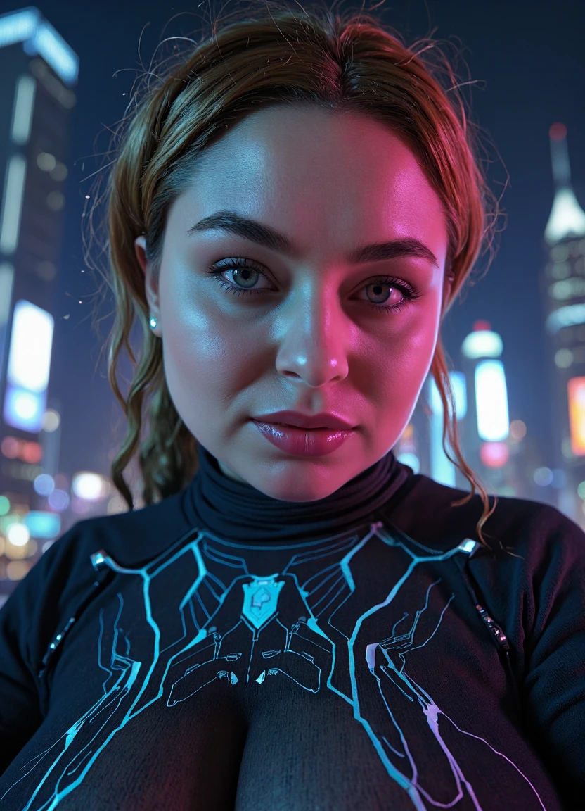 SFW, brightly lit, aidmaimageupgrader, A hyperrealistic, close-up portrait of a woman with sleek cybernetic implants integrated into her temples, glowing faintly with neon blue circuitry. Her eyes are a striking blend of human and synthetic, scanning data streams visible in her vision. She wears a high-tech bodysuit with luminescent circuit patterns tracing her collarbones and shoulders. The city skyline behind her is a neon-lit cyberpunk dreamscape, towering skyscrapers glowing with electric advertisements. Extreme facial realism, hyper-detailed synthetic textures, deep cyberpunk neon lighting creating a futuristic glow.<lora:pony\Letha_Weapons_Pony_-_Adult_Actress_and_Model.safetensors:1.0:1.0> <lora:flux\custom\adult\real-anna-katz.safetensors:1.05:1.05> <lora:turbo-8-step-flux.safetensors:0.5:0.5> <lora:flux\style\Common\aidmaImageUprader-FLUX-v0.3.safetensors:0.25:0.25>