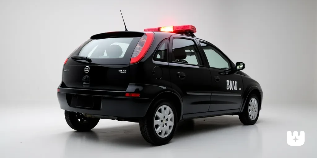 black 2002 Chevrolet Corsa Hatchback SWAT car with lightbar, silver studio background, publicity photo, back side view