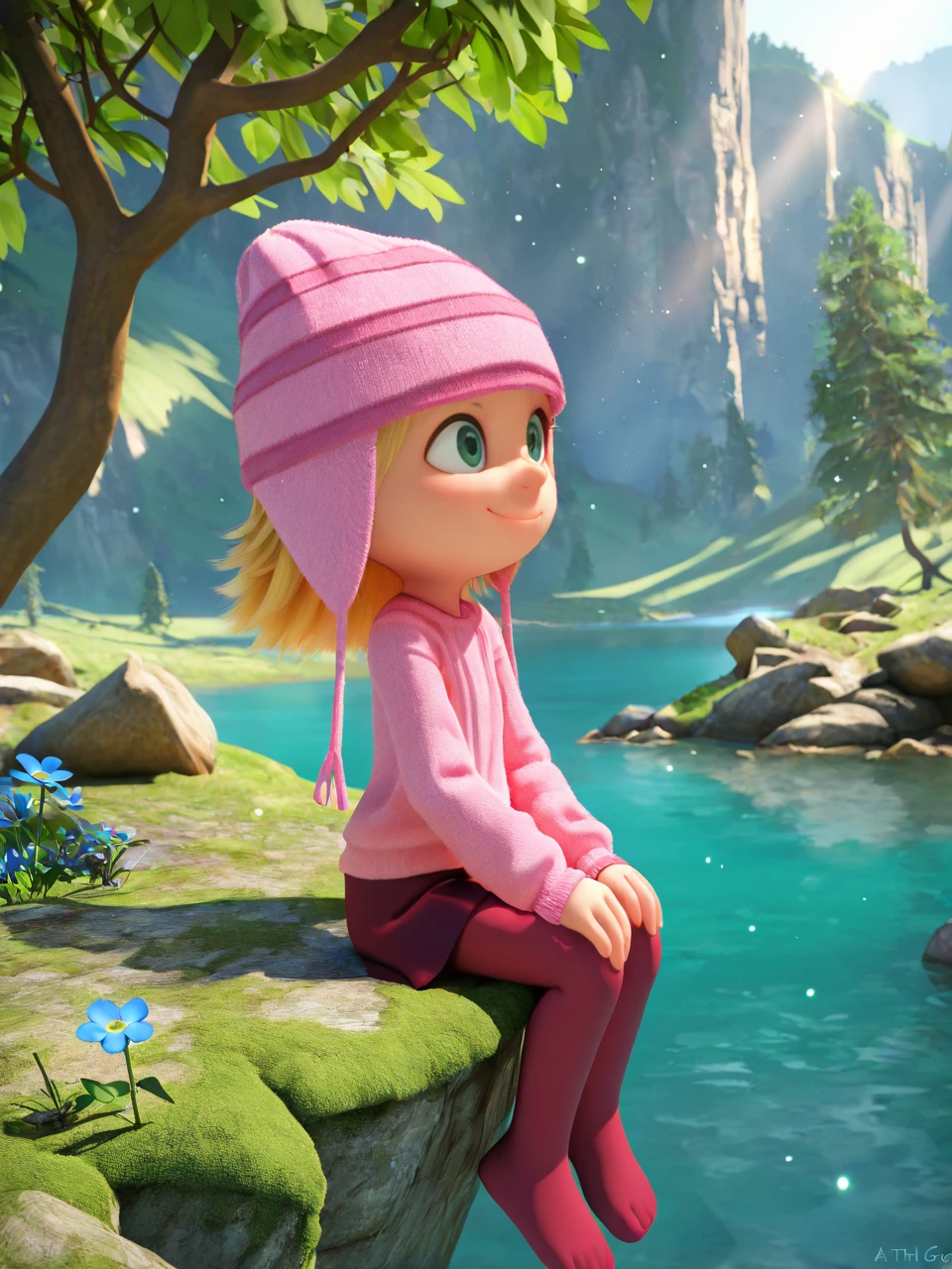(masterpiece,best quality,newest,absurdres,highres), 3d1thG2u, solo, 1girl, green eyes, blonde hair, smile, closed mouth, pink beanie, red_legwear, pink sweater, red skirt, sitting, smile, looking afar, rock, cliff, landscape, flowers, blue flower, river, overgrown, sunshine, moss, tree, sunlight, shadows, natural lighting, light particles, <lora:add-detail-xl:1> <lora:Edith_Gru_IllustriousXL_noobaiXLNAIXL:0.8>