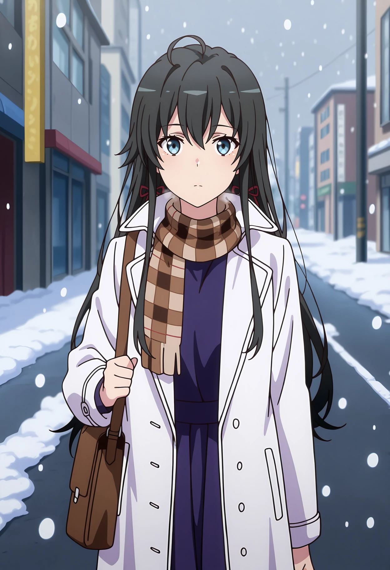 anime screencap, masterpiece, best quality,
<lora:YahariOreNoSeishunLoveComedy_YukinoshitaYukino_IlluXL:0.9>,
1girl, solo, closed mouth,
long hair, black hair, blue eyes, hair between eyes, ahoge, hair ribbon,
plaid scarf, brown scarf, open coat, white coat, purple dress, long sleeves,
brown shoulder bag,
cowboy shot, standing, looking at viewer,
street, winter, snow, snowing, outdoors, blurry background