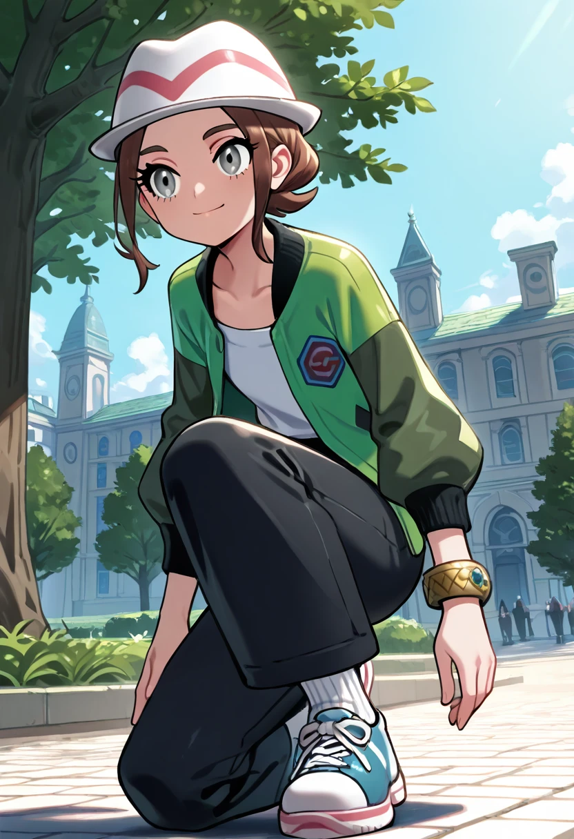 masterpiece, best quality, 1girl, solo, eyelashes, (beautiful eyes), zzMC, smile, shirt, long sleeves, 1boy, hat, jewelry, closed mouth, jacket, full body, male focus, sidelocks, outdoors, open clothes, sky, shoes, day, socks, pants, bracelet, open jacket, tree, grey eyes, white headwear, black pants, building, sneakers, green jacket, one knee, multicolored jacket, , <lora:ProtagonistFPokemonZA_IXL_v1:1.0>,