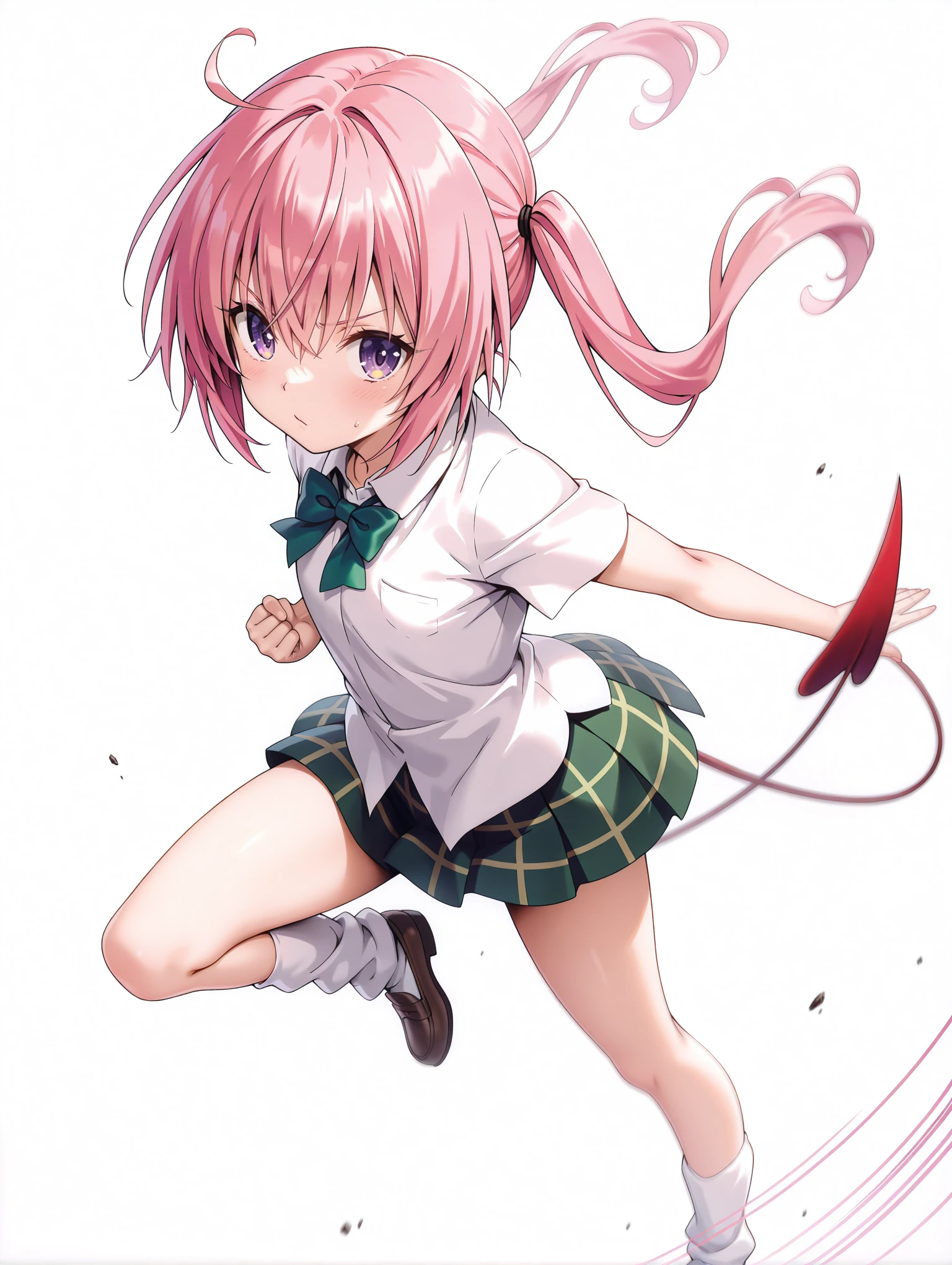 masterpiece,best quality,newest,
1girl,solo,
<lora:nana_ilxl_v1:1>,nana,pink hair,purple eyes,twintails,hair down,n_clothes,green bowtie,short sleeve blouse,white blouse,green plaid skirt,demon tail,loose_socks,loafers,untucked_shirt,
<lora:Fixhands_anime_bdsqlsz_V1:1>,looking at viewer,(motion_blur:1.3),(motion line:1.2),(speed_lines:1.1),fighting_stance,standing,aura effect,high_kick,white_background,simple_background,