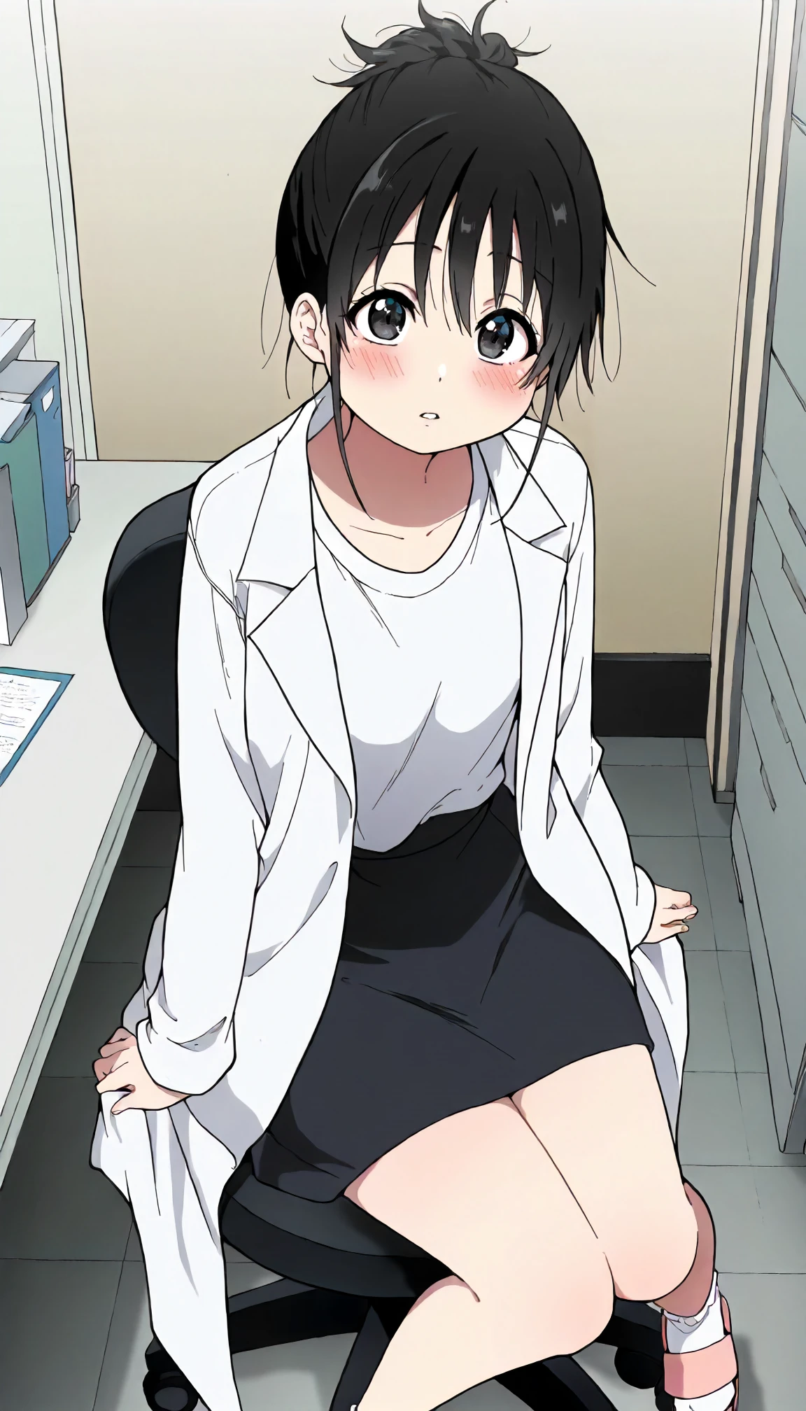 <lora:JD_sayoXLIllustrious001>,
masterpiece,best quality,good quality,newest,
indoors,
blush,parted lips,
looking at viewer,
solo,
anime coloring,
sayo\(jamidokku!\),1girl,black hair,hair up,black eyes,
lab coat,t-shirt,
black skirt,
ankle_socks,white socks,sandals,
office chair,sitting,