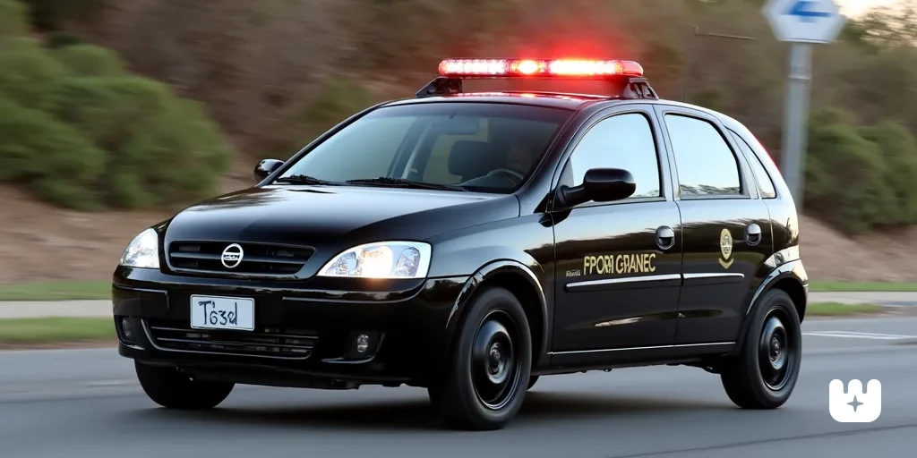 black 2002 Chevrolet Corsa Hatchback SWAT car with lightbar driving in Brazil, front side view