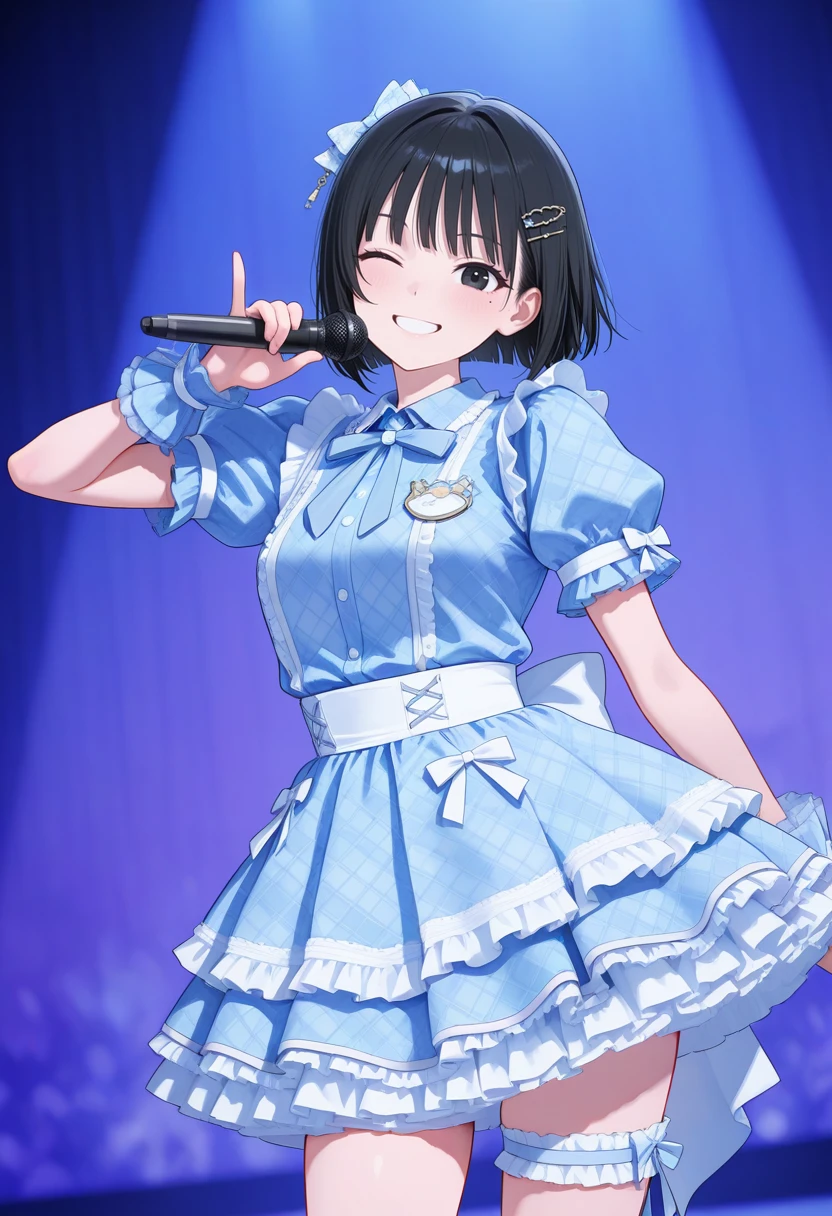 masterpiece,best quality,amazing quality, very aesthetic, ((outlined outlined vector graphics)), cute face, (glow eyes:0.5) , looking at viewer, cowboy shot,
1girl,20yo, black hair, black eyes, short bob hair, hair pin,mdeium breast, slender,(white thigh strap:1.1),
blue clothes, (focus female), smile,action pose , (clothed:1.1),
idol, idol outfit, japanese-idol-outfit, clothed, frilled dress,, idol stage,microphone ,wink, ,
, <lora:idol-outfit-il-20:1.0>
