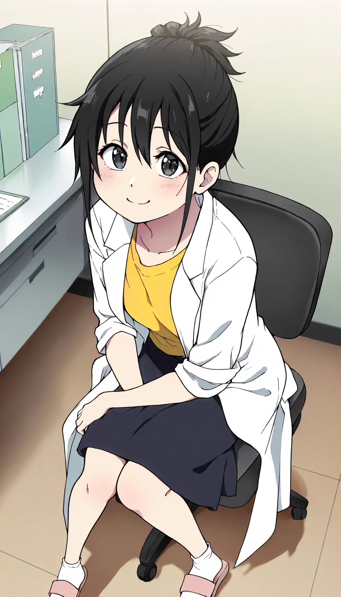 <lora:JD_sayoXLIllustrious001>,
masterpiece,best quality,good quality,newest,
indoors,
smile,
looking at viewer,
solo,
anime coloring,
sayo\(jamidokku!\),1girl,black hair,hair up,black eyes,
lab coat,t-shirt,
black skirt,
ankle_socks,white socks,sandals,
office chair,sitting,