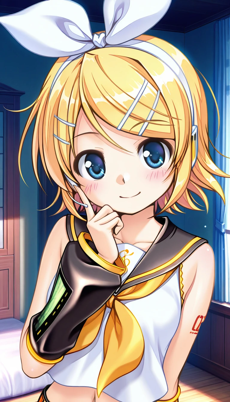 (masterpiece),best quality,amazing quality,very aesthetic,absurdres,newest,perfect body,shiny skin,perfect eyes,detail1eye,well-defined fingers,well-defined fingernails,anime style,indoors,1girl,solo,upper body,(portrait:1.5),looking at viewer,facing viewer,smile,blush,Bekkankou style,kagamine rin,short hair,blonde hair,floating hair,white hairband,hair bow,white bow,hairclip,swept bangs,blue eyes,collarbone,bare shoulders,black sailor collar,white shirt,sleeveless shirt,crop top,midriff,yellow neckerchief,black sleeves,detached sleeves,medium breasts,navel,stomach,orange belt,fringe,short shorts,black shorts,leg warmers,white footwear,<lora:Kagamine Rin(voc)-Illus-Remake:1.6>,<lora:Bekkankou[style]-Illus:1.4>,
