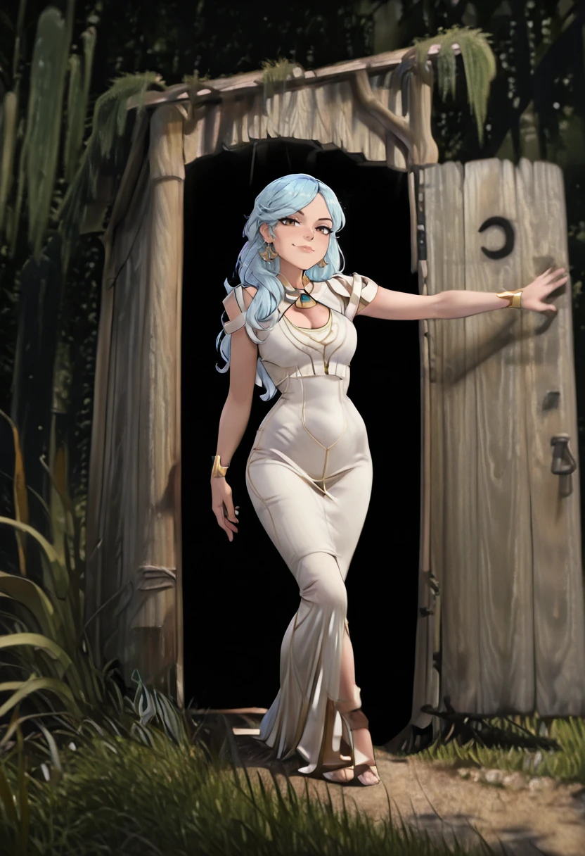 <lora:aisling duval illustrious v1.0:1> woman, aisling duval, long light blue hair, brown eyes, brooch, jewelry, white dress, gold decoration, <lora:Shreks-Outhouse-IL.V1.0:1> Shrek's-Outhouse-IL.V1.0, outdoors, moss, plant, nature, forest, Outhouse-open door, opening door, full body shot, arm up, dominant, dominant female, dominant look,, score_9, score_8_up, score_7_up, score_6_up, masterpiece, best quality, amazing quality, very aesthetic, absurdres, newest,, 1girl, solo, solo focus, female focus, one character in picture, solo in picture, large smile, large smile, thin lips, closed mouth, naughty face, naughty, arrogant, brat, seductive, seductive smile,