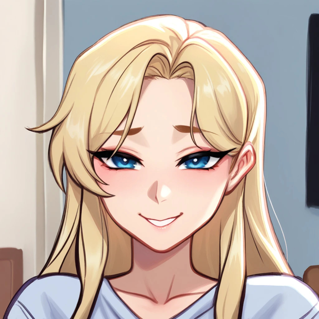 masterpiece, best quality, newest, absurdres, highres, 1girl, looking directly at viewer, short blonde hair, wearing a shirt, <lora:BlushySpicy_Style_LoRA_-_Illustrious:1> blu5hy, bedroom background, portrait, friendly expression, medium shot