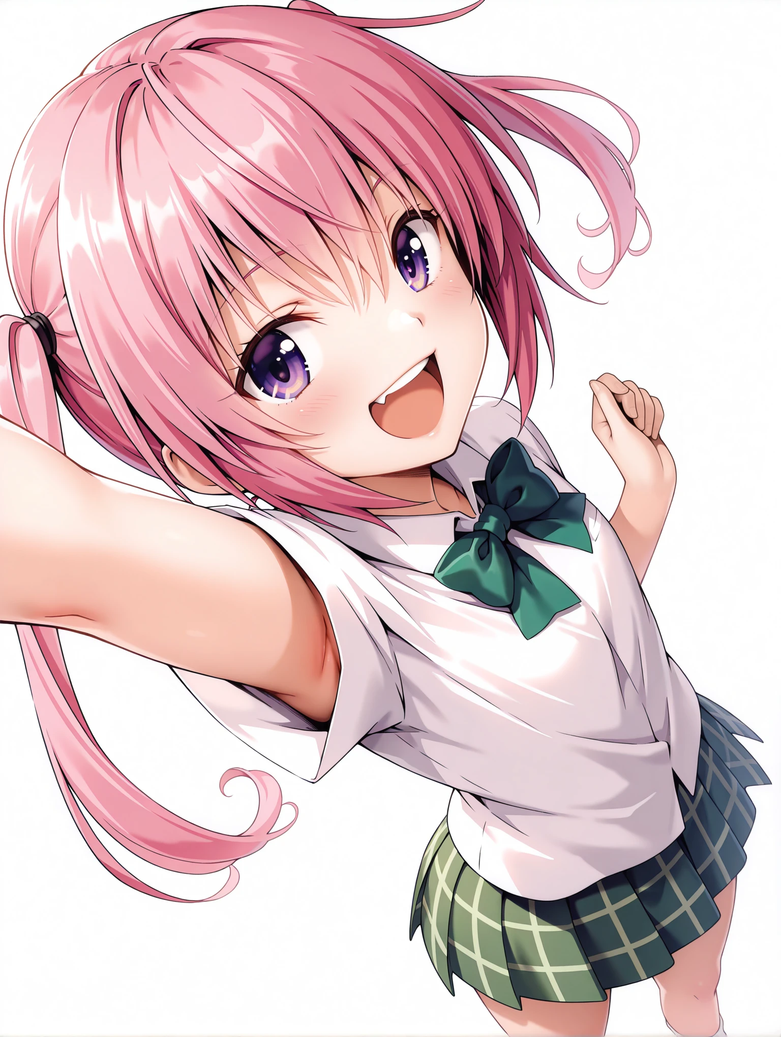 masterpiece,best quality,newest,
1girl,solo,
<lora:nana_ilxl_v1:1>,nana,pink hair,purple eyes,twintails,n_clothes,green bowtie,short sleeve blouse,white blouse,green plaid skirt,
<lora:Fixhands_anime_bdsqlsz_V1:1>,looking_at_viewer,dynamic_angle,cinematic_angle,from_above,raised fist,hand up,laughing,standing,white_background,simple_background,upper_body,portrait,