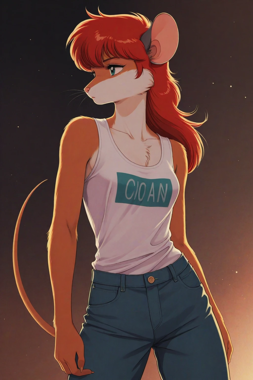 1980s Digital Artwork, best quality, absurdres, masterpiece, hdr, Dynamic Lighting,from behind (fluffy:0.8) anthro furry male Rat, red colored shortmullet, graphic tee, sleeveless undershirt, buttoned up corduroy pants, bar