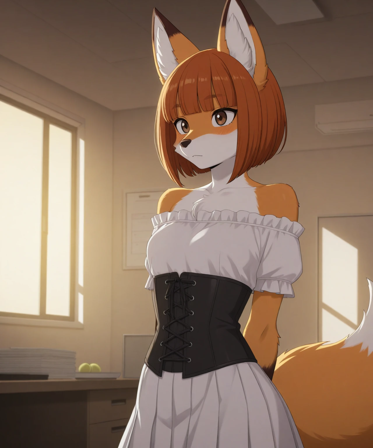 Anime Screenshot, anime coloring, Digital Artwork, best quality, absurdres, masterpiece, hdr, Dynamic Lighting, cute,from behind (fluffy:0.8) anthro furry female Fox, brown eyes , auburn colored bobcut hair, off-shoulder top, corset, tennis skirt, doctors office 