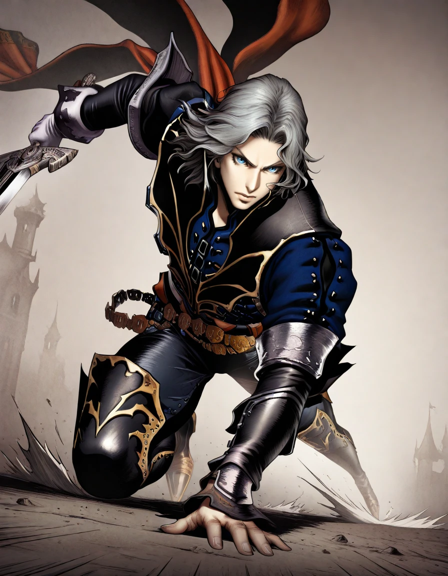 Masterpiece, hires, detailed face and eyes, ayami kojima style, ultra quality, cel-shaded, sharp lines, dry shading, Beautiful background, 1boy, Blue Eyes, Hector_Castlevania, devilforgemaster, cod, Hector_Outfit, Action pose , holding sword, Roman Aqueduct, fog , street water, running <lora:Castlevania_Hector_-_Curse_of_Darkness:1>