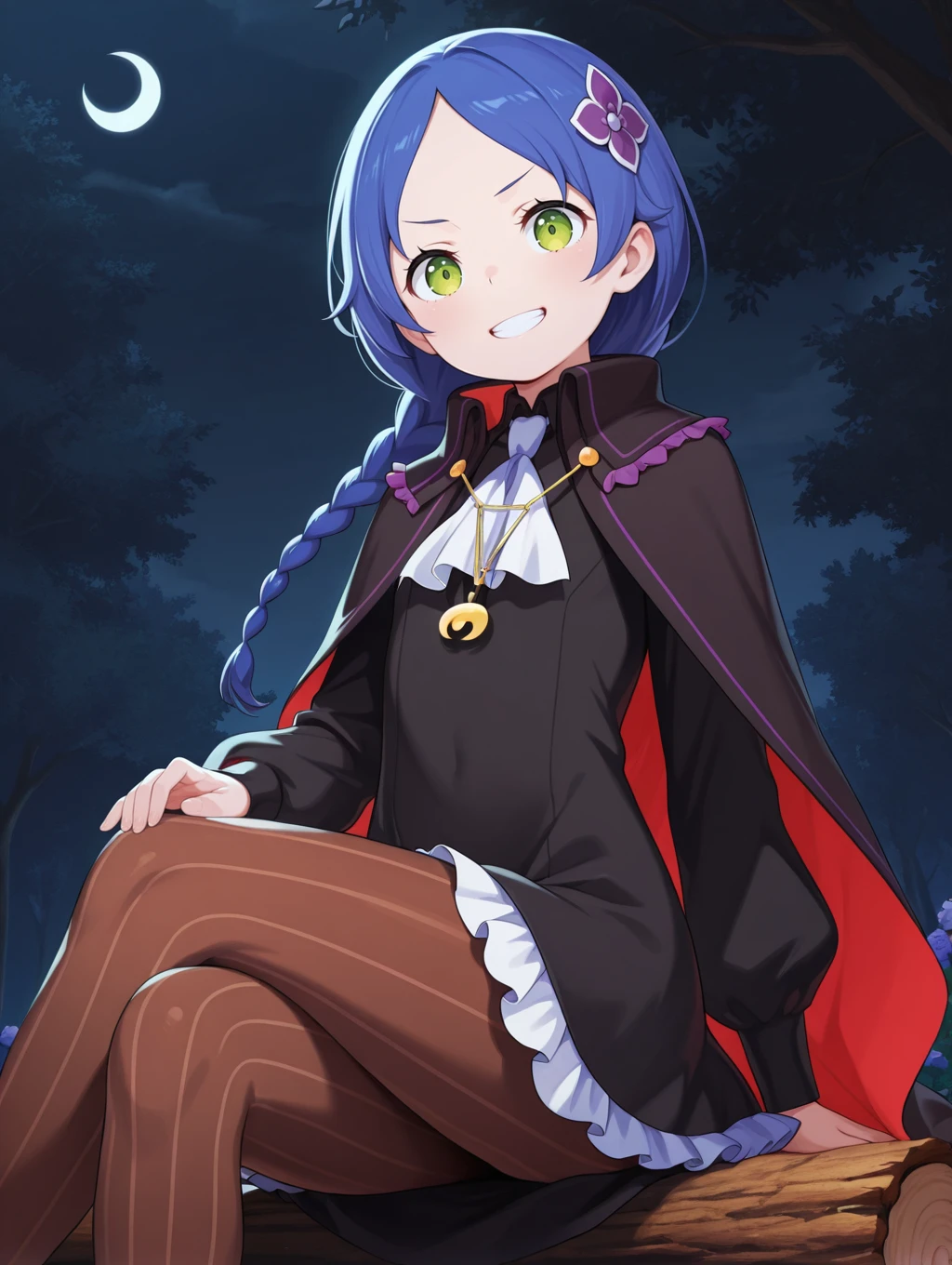 <lora:Meili Illu_1:1>1girl, solo,
4ssassinmeili, blue hair, green eyes, long hair, single braid,
black dress, brown pantyhose, vertical-striped pantyhose, frills, white ascot, black cloak, cape, two-sided fabric, crescent pendant, flower hair ornament,
sitting, crossed legs, grin, night, log,, masterpiece, best quality, amazing quality
