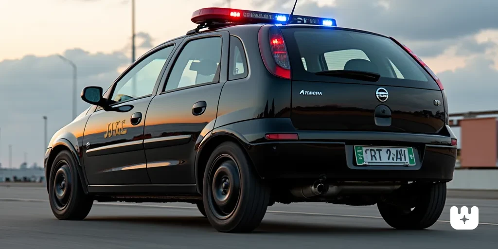black 2002 Chevrolet Corsa Hatchback SWAT car with lightbar driving in Brazil, back side view