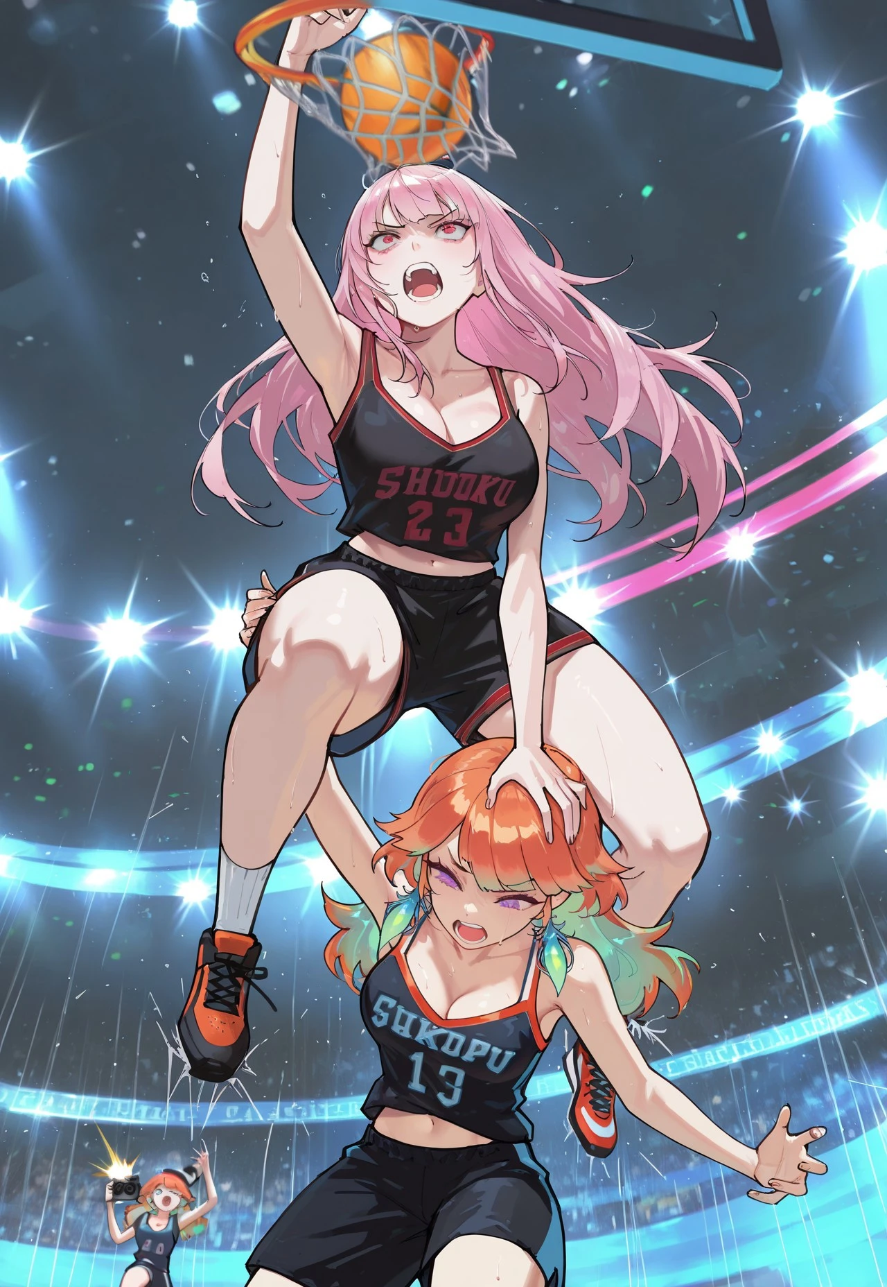 masterpiece, best quality,
dunkonem,
2girls, mori calliope, takanashi kiara,
open mouth, teeth,
basketball, slam dunk (basketball), jumping,
hand on another's head,
camera flash,
stadium,