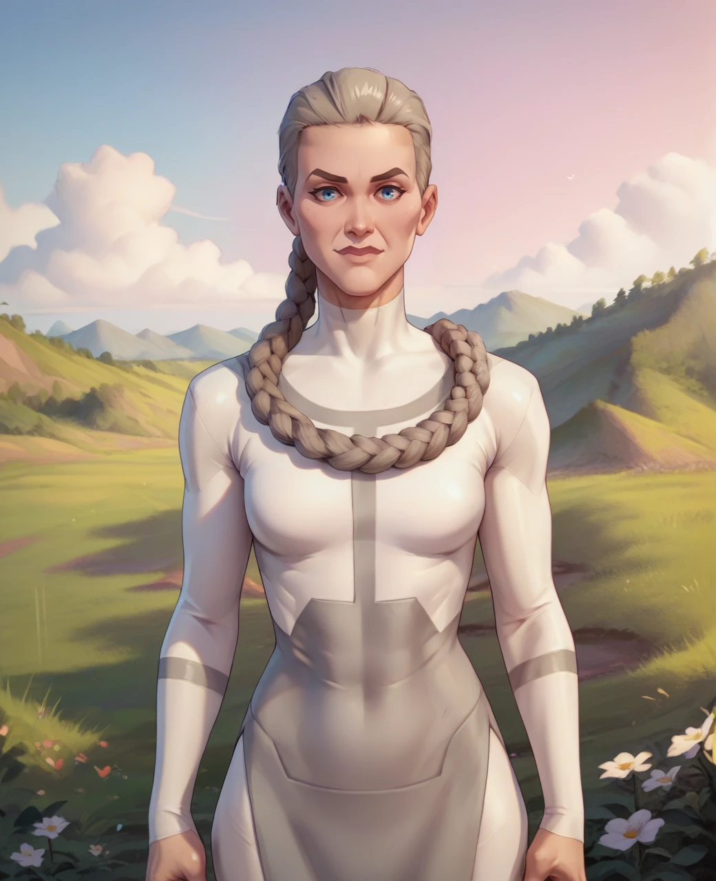 score_9,score_8_up,score_7_up,score_6_up,
Thulaxl,grey hair,braid,blue eyes,
white bodysuit, standing,
looking at viewer,
pink sky,field,<lora:Thulaxl-IV12v63:1>,