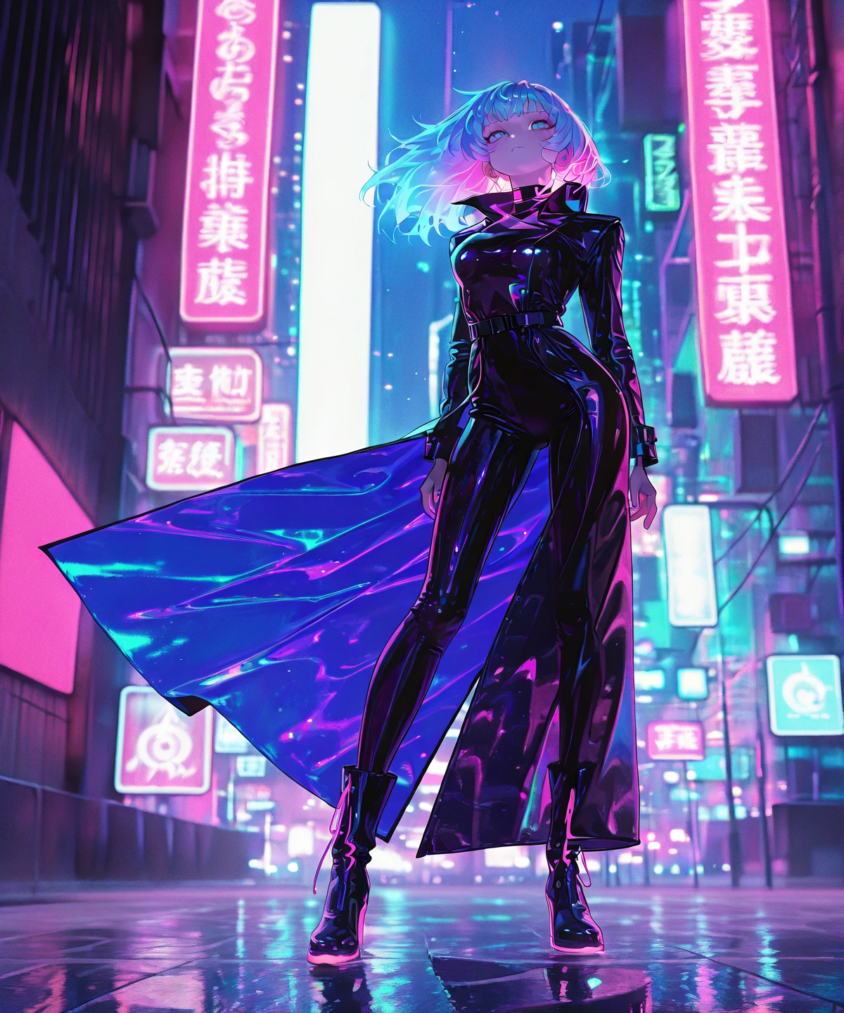 masterpiece, best quality, amazing quality, very aesthetic, absurdres, newest, (scenery, volumetric lighting),
leather reflection,
1girl, solo, full-body shot, standing pose, futuristic anime cyber aesthetic, sleek black reflective leather trench coat, form-fitting high-gloss leather pants, knee-high boots, neon city skyline, soft rain reflections, anime-style lighting, soft pink and blue neon glow reflecting off clothing, cyberpunk-inspired theme, confident expression, vibrant color contrast, dramatic lighting, ultra-detailed character design, dynamic anime-style shading
,masterpiece, best quality, amazing quality, very aesthetic, absurdres, newest, (scenery, volumetric lighting),
,<lora:leather_reflection:1>,