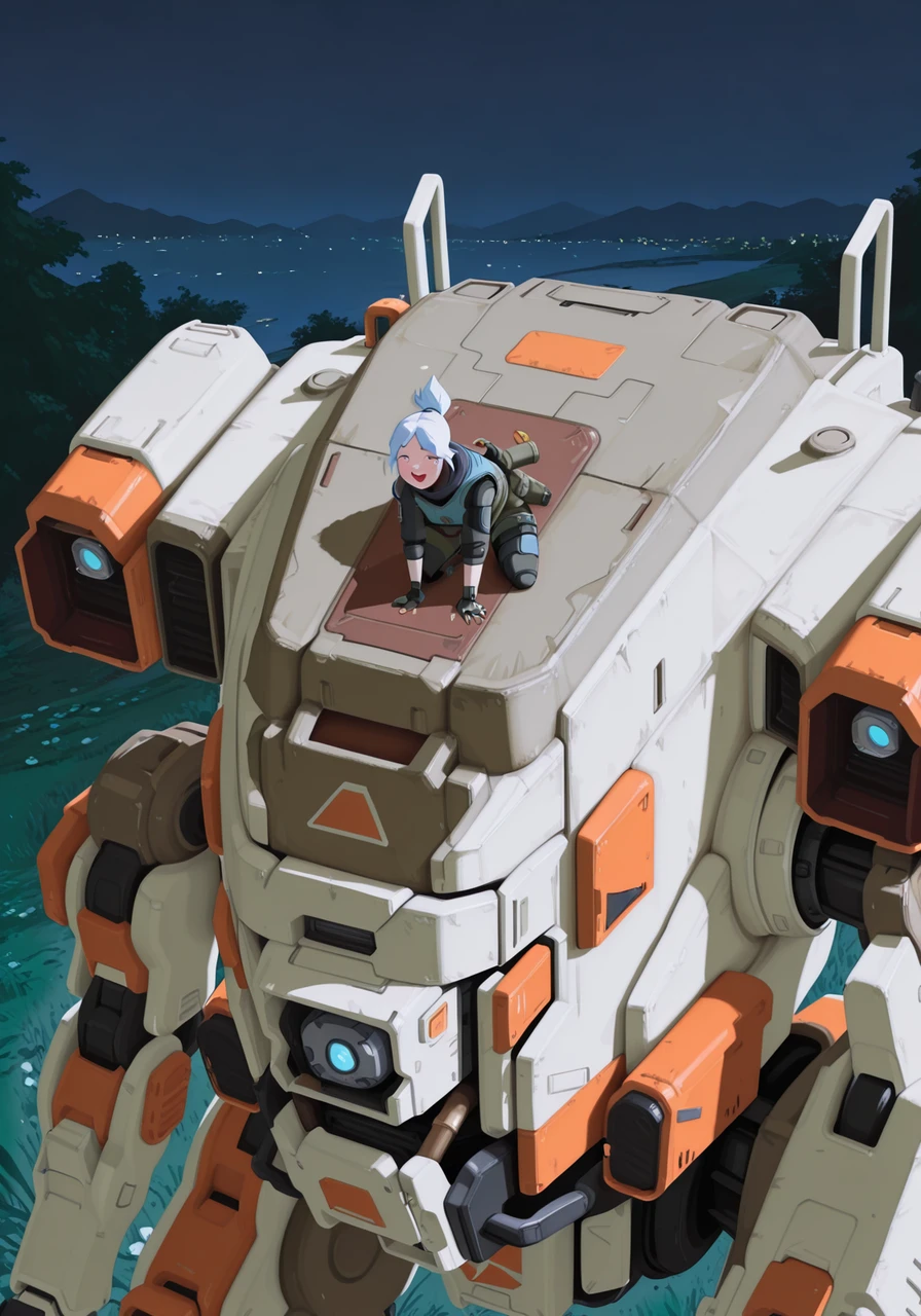 embedding:IllusP0s, g00se, close-up, titan_\(titanfall\), mecha, 1girl, outdoors, night, sitting on head, happy, riding, high angle, jett_\(valorant\)<lora:titanfall.safetensors:1.0:1.0> <lora:g00se_v2_ill.safetensors:0.9:0.9>
