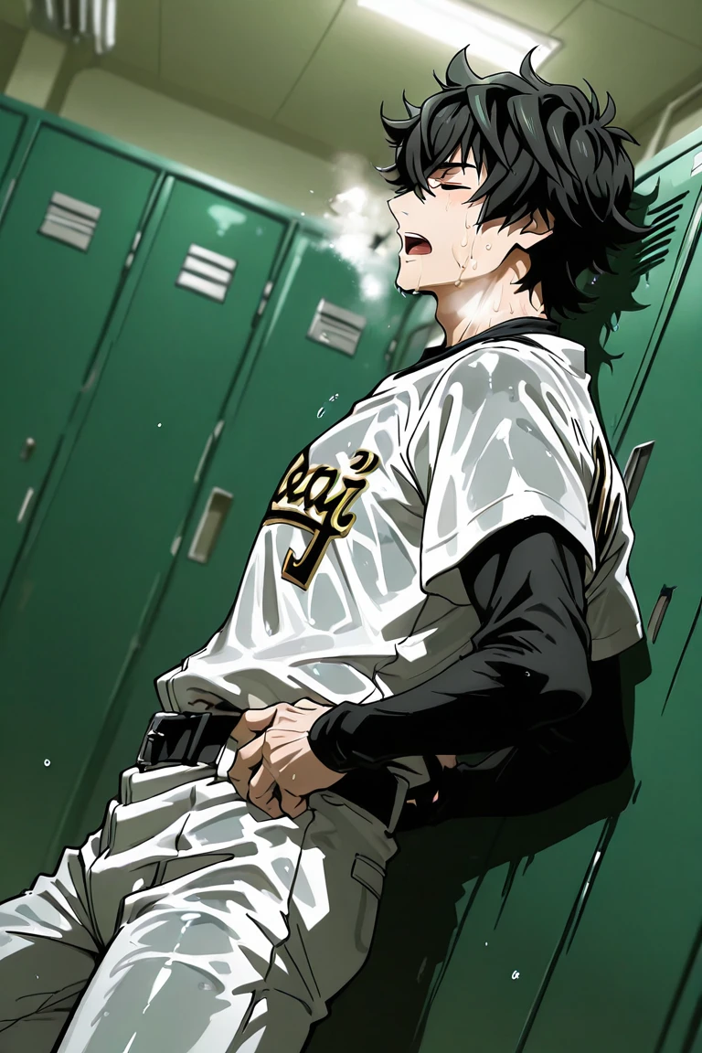 iwatani naofumi-1male focus, black_iwatani naofumi_hair, closed eyes. looking away, open mouth, heavy breathing, sweating, wet clothes, hands on hips, baseball uniform, shirt, pants, belt, indoors locker room, from side, shadow, dynamic angle, dynamic action, atmospheric perspective, depth of field, masterpiece,best quality,amazing quality,very aesthetic,absurdres,newest