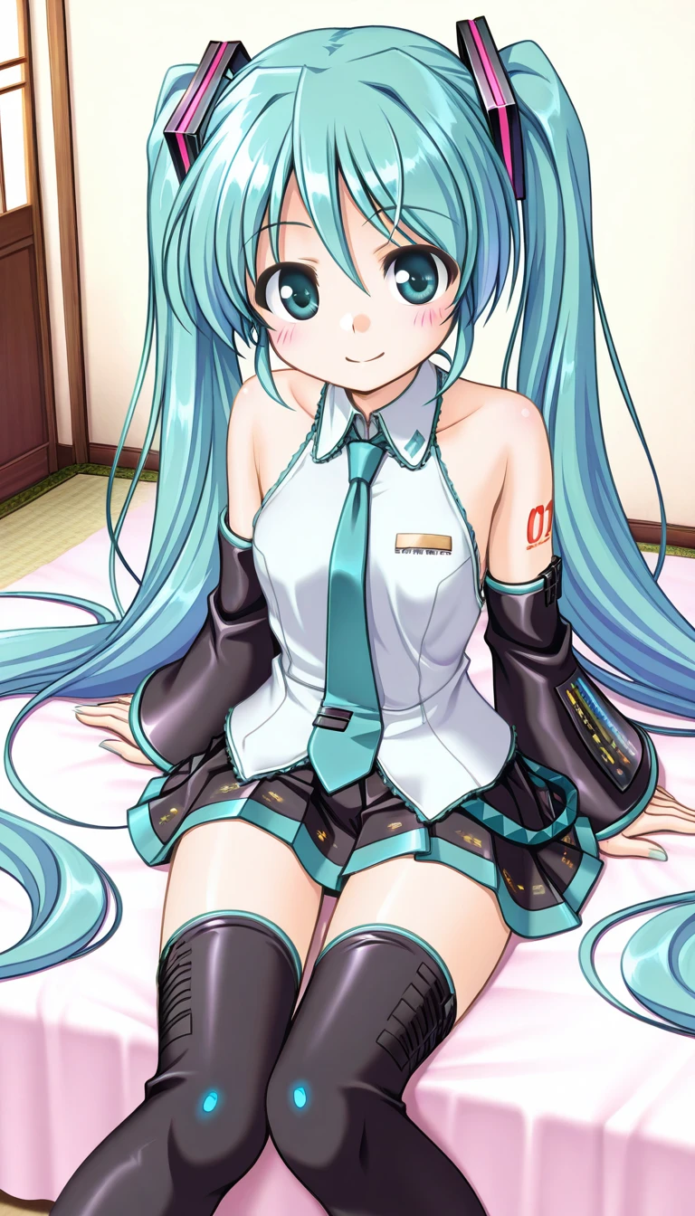 (masterpiece),best quality,amazing quality,very aesthetic,absurdres,newest,perfect body,shiny skin,perfect eyes,detail1eye,well-defined fingers,well-defined fingernails,anime style,indoors,1girl,solo,upper body,(portrait:1.5),looking at viewer,facing viewer,smile,blush,Bekkankou style,hatsune miku,absurdly long hair,aqua hair,twintails,hair ornament,sidelocks,hair between eyes,parted bangs,aqua eyes,white shirt,collared shirt,bare shoulders,sleeveless shirt,aqua necktie,detached sleeves,black sleeves,shoulder tattoo,fringe,black thighhighs,miniskirt,pleated skirt,zettai ryouiki,thigh boots,<lora:Hatsune Miku(voc)-Illus-Remake:1.6>,<lora:Bekkankou[style]-Illus:1.4>,