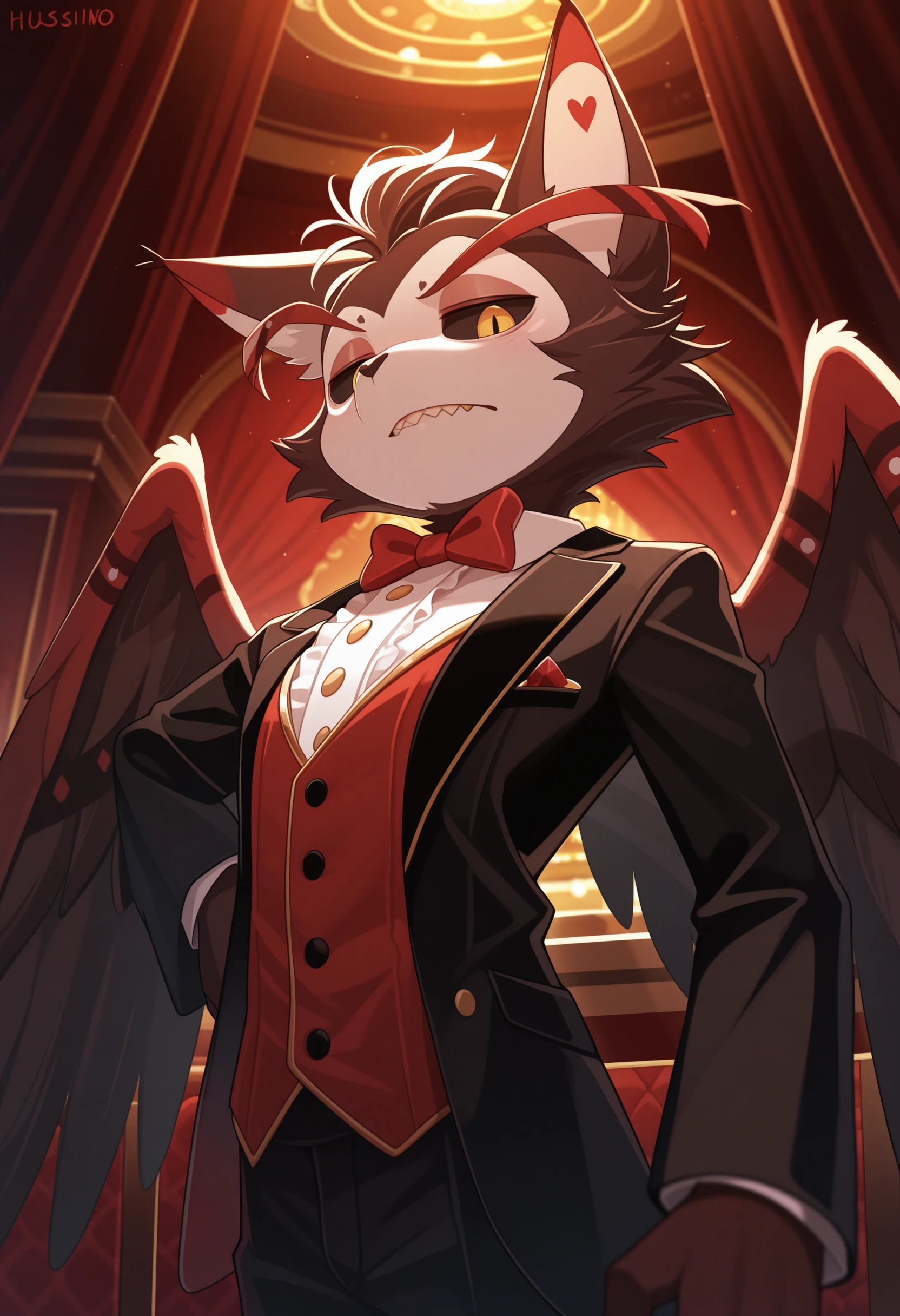 masterpiece, best quality, amazing quality, solo, 1boy, HuskHH, close up, wings, casino outfit