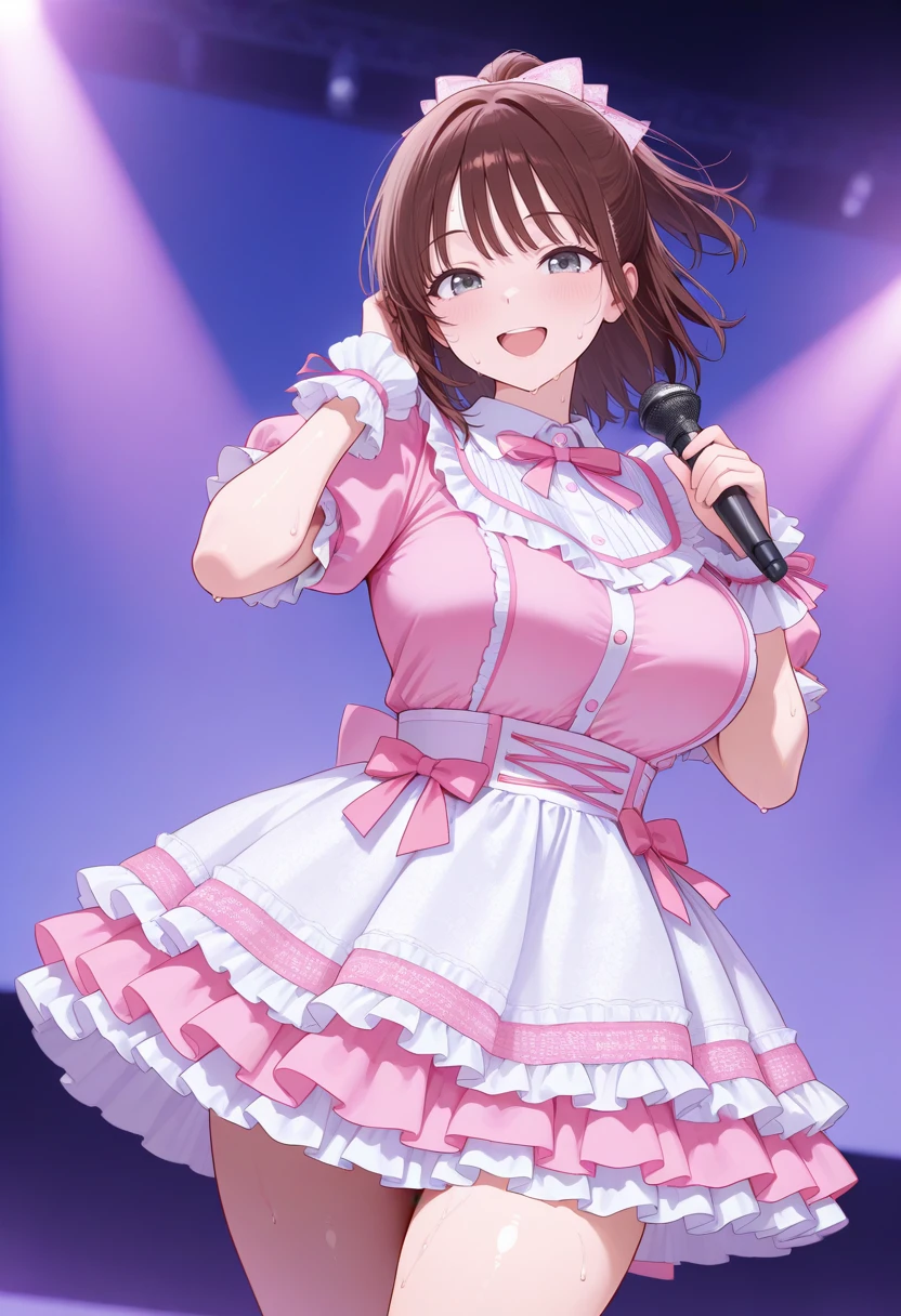 masterpiece,best quality,amazing quality, very aesthetic, ((outlined outlined vector graphics)), cute face, (glow eyes:0.5) , looking at viewer, cowboy shot,
1girl,20yo, brown hair, gray eyes, (large breast:1.1), (ponytail:1.1), medium hair,(curvy:1.1),bangs,
pink clothes, (focus female), happy ,walking , (clothed:1.1),
idol, idol outfit, japanese-idol-outfit, clothed, frilled dress,, idol stage,microphone , open eyes , sweat,
, <lora:idol-outfit-il-20:1.0>