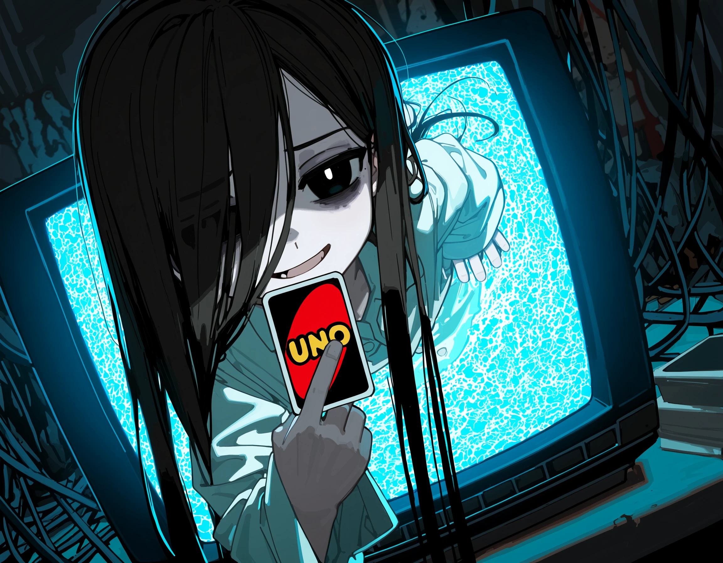 (butterchalk, opossummachine, kakure eira:0.6), rustle, ciloranko, horror \theme\), gritty, faux traditional media, photo background, through medium, (through screen:1.2) BREAK
1girl, yamamura sadako, mesugaki, smug, pale skin, very long hair, hair over one eye, black sclera, white pupils, narrowed eyes, bags under eyes, oversized white shirt, collared shirt, sleeves past wrists, leaning forward, foreshortening, outstretched hand, uno (game), card, holding card, BREAK
dutch angle, from belowindoors, messy room, dark, crt, television, static, glow, chiaroscuro, backlighting, casette player, newest, masterpiece, highres <lora:39neko:0.7>