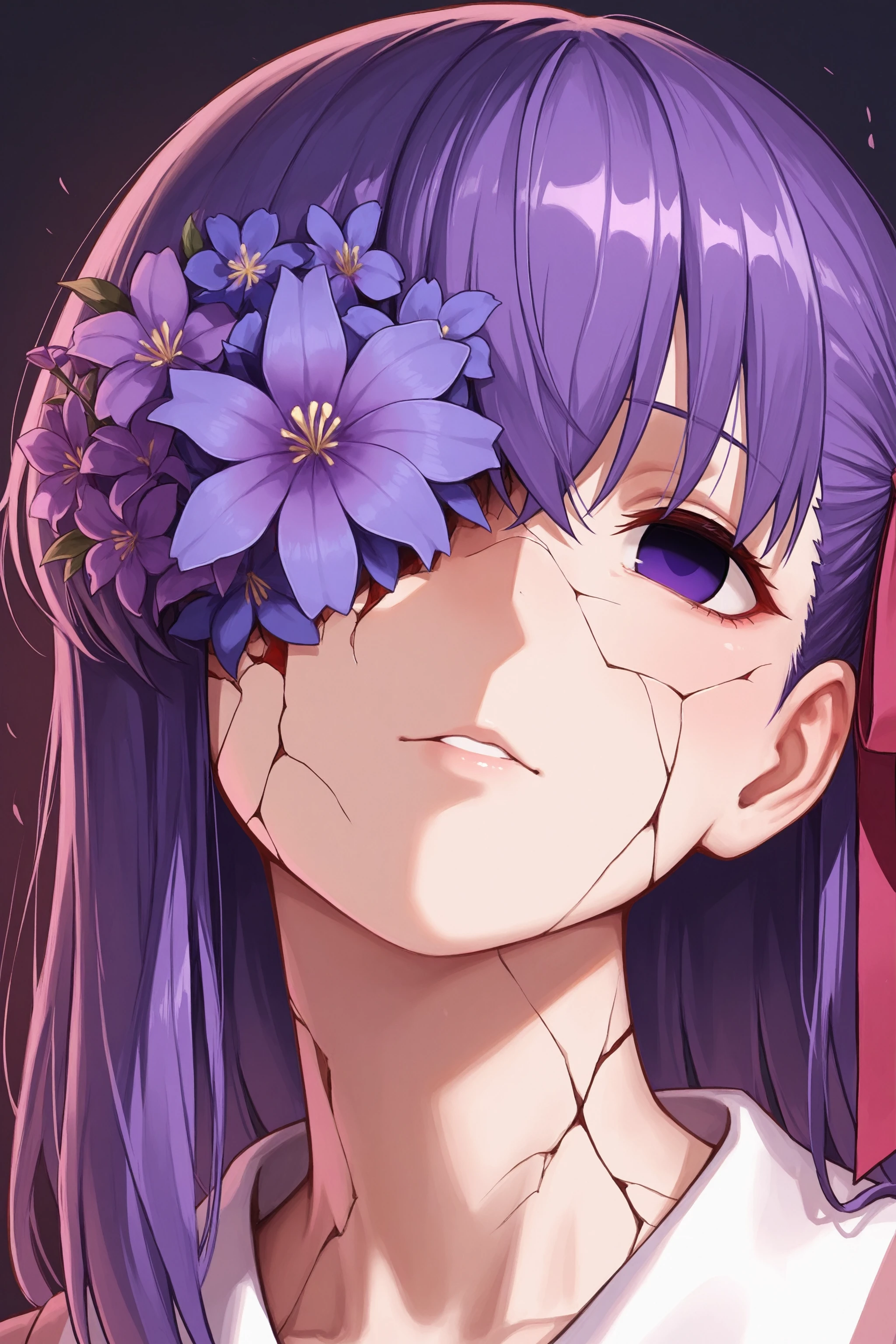 masterpiece, best quality, absurdres, safe
1girl, matou sakura, empty eyes,
portrait, cracked skin, flower over eye, purple flower
<lora:inward_itwasleo_il_2_d16_v2:1>