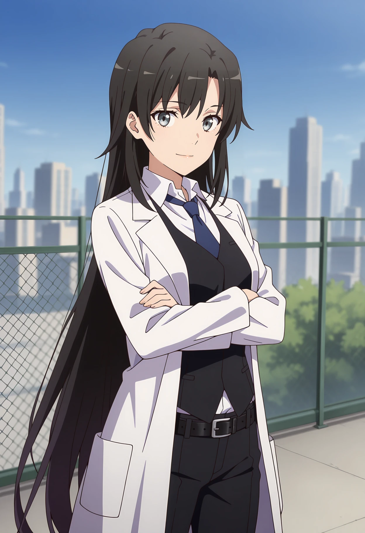 anime screencap, masterpiece, best quality,
<lora:YahariOreNoSeishunLoveComedy_HiratsukaShizuka_IlluXL:0.9>,
1girl, solo, closed mouth, light smile,
long hair, black hair, grey eyes,
open coat, lab coat, black vest, white shirt, wing collar, blue necktie, long sleeves, black belt, black pants,
crossed arms, cowboy shot, standing, looking at viewer,
rooftop, chain-link fence, cityscape, outdoors, blurry background