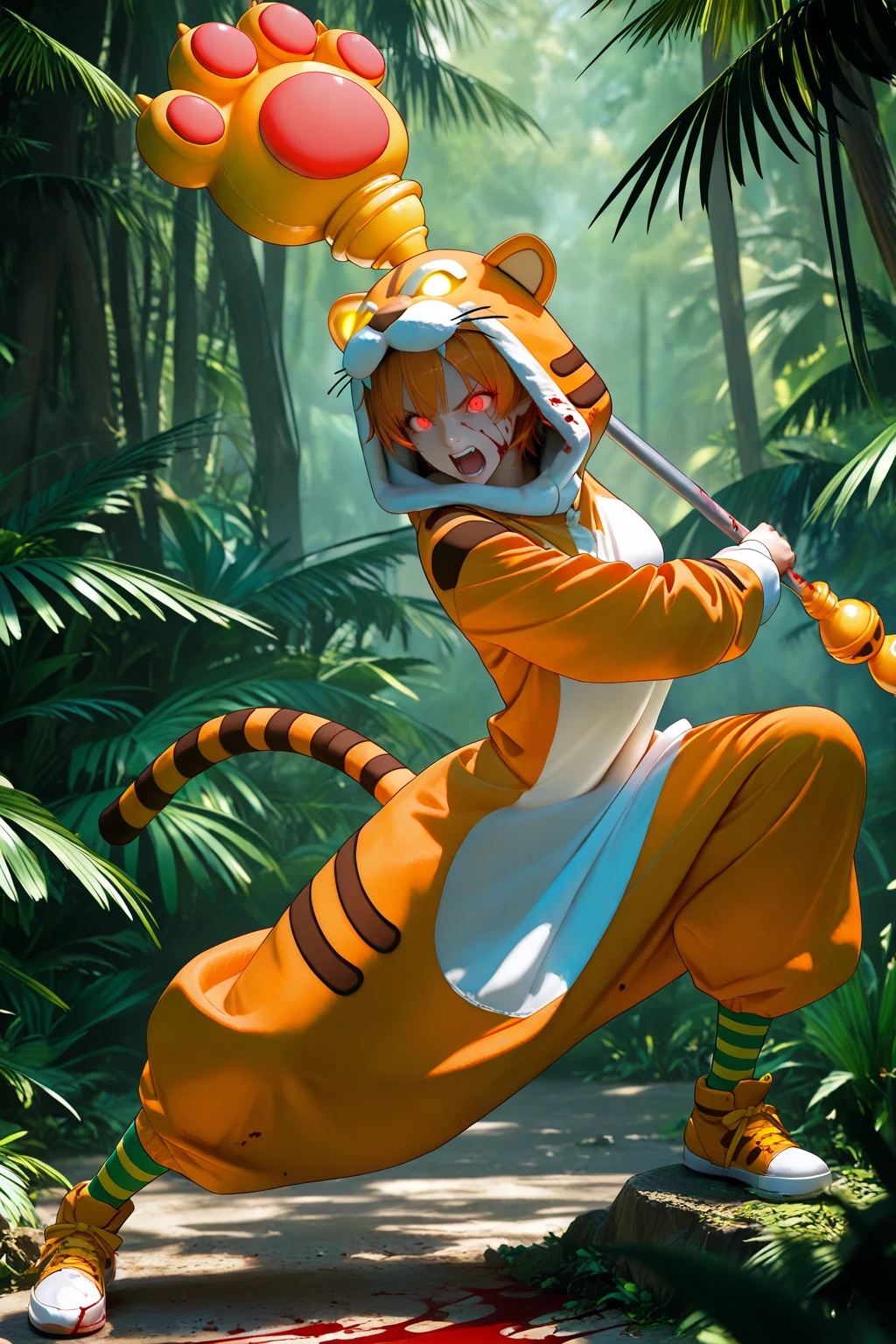 masterpiece, good quality, best quality, very awa, very as2, absurdres, highres, 3d
<lora:jaguar manilluLoRA:1>Jagman, tiger ears, short hair, orange hair, bangs, animal Hood, animal costume, tiger print, long sleeves, striped socks, shoes, tiger tail, Holding paw stick, fighting stance, dynamic pose, angry, open mouth, blood on face, slashing, jungle, red eyes, glowing eyes,
