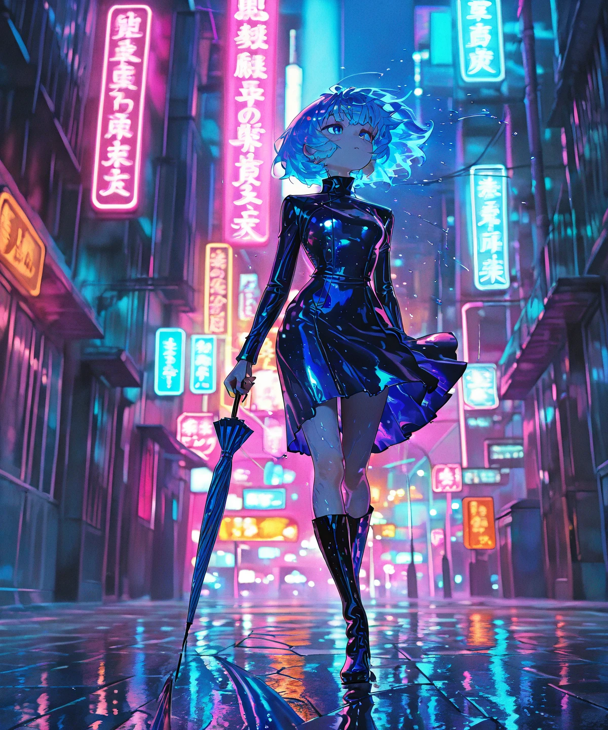 masterpiece, best quality, amazing quality, very aesthetic, absurdres, newest, (scenery, volumetric lighting),
leather reflection,
1girl, solo, full-body shot, walking pose, highly reflective glossy leather dress, knee-high shiny leather boots, soft city rain, wet pavement reflecting neon lights, warm orange and blue color contrast, anime-inspired dynamic lighting, motion blur effect, umbrella in hand, cinematic perspective, hyper-detailed leather texture, soft wind movement in hair, stylish and confident aura, anime-style ultra-sharp detailing
,masterpiece, best quality, amazing quality, very aesthetic, absurdres, newest, (scenery, volumetric lighting),
,<lora:leather_reflection:1>,
