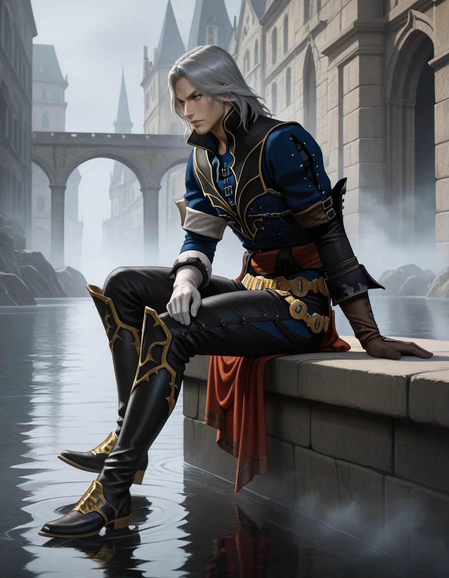 Masterpiece, hires, anime, detailed face and eyes, ultra quality, cel-shaded, sharp lines, dry shading, Beautiful background, Roman aqueduct, streets full of water, fog, 1boy, hector_castlevania, Hector_outfit, blue_eyes, full body ,glove, <lora:Castlevania_Hector_-_Curse_of_Darkness:0.80> hector_castlevania, devilforgemaster, cod, logo_back, sitting, tired, pose tired, action tired,