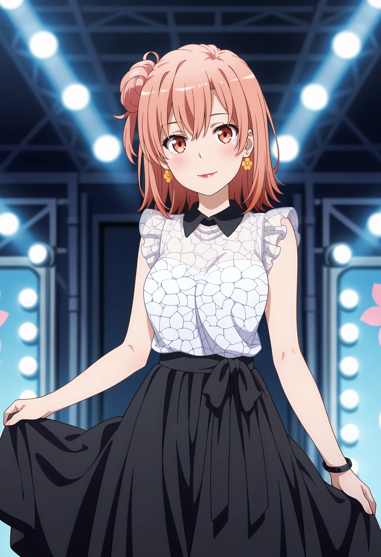 anime screencap, masterpiece, best quality,
<lora:YahariOreNoSeishunLoveComedy_YuigahamaYui_IlluXL:0.9>,
1girl, solo, closed mouth, light smile, blush,
medium hair, orange hair, single side bun, orange eyes, hair between eyes, flower earrings, red lips,
YuiDress, wing collar, black collar, frilled shirt, sleeveless shirt, see-through shirt, white shirt, high-waist skirt, long skirt, black skirt,
skirt hold,
cowboy shot, standing, looking at viewer,
stage lights, indoors, blurry background