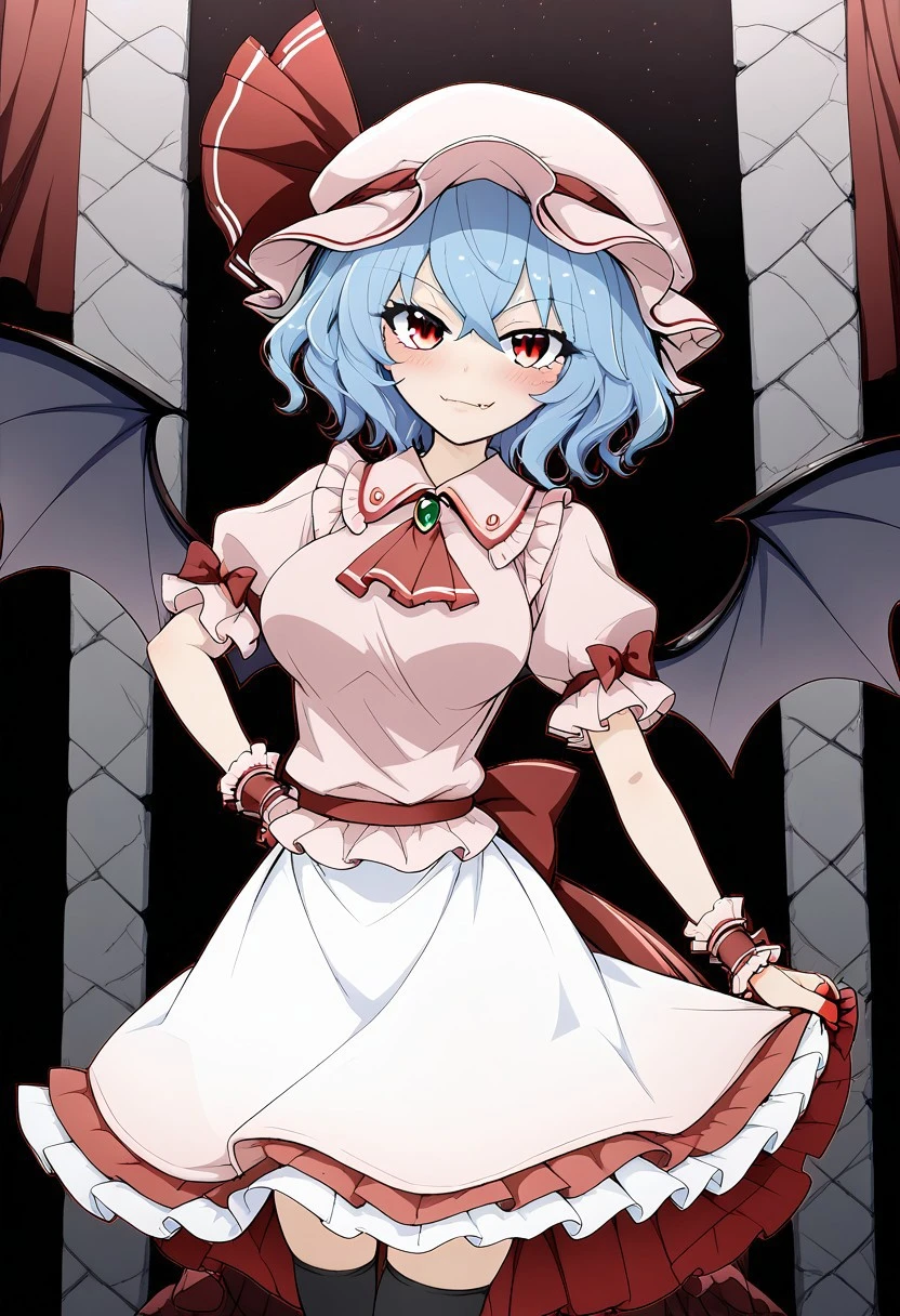((kawayabug style)), inside, (throne room), (night time), 1girl, ((solo)), naughty smile, blush, closed mouth, ((large breasts)), ((looking at viewer)), ((standing)), ((one arm on hips)), ((zzRemilia)), ((Remilia Scarlet)), blue hair, short hair, bat wings, red eyes, pointy ears, fang, hat bow, pink hat, mob cap, red ascot, red ribbon, back cutout, collared shirt, jewelry, frills, wrist cuffs, bow, pink shirt, pink skirt, puffy short sleeves, ((legs)), ((black stockings))