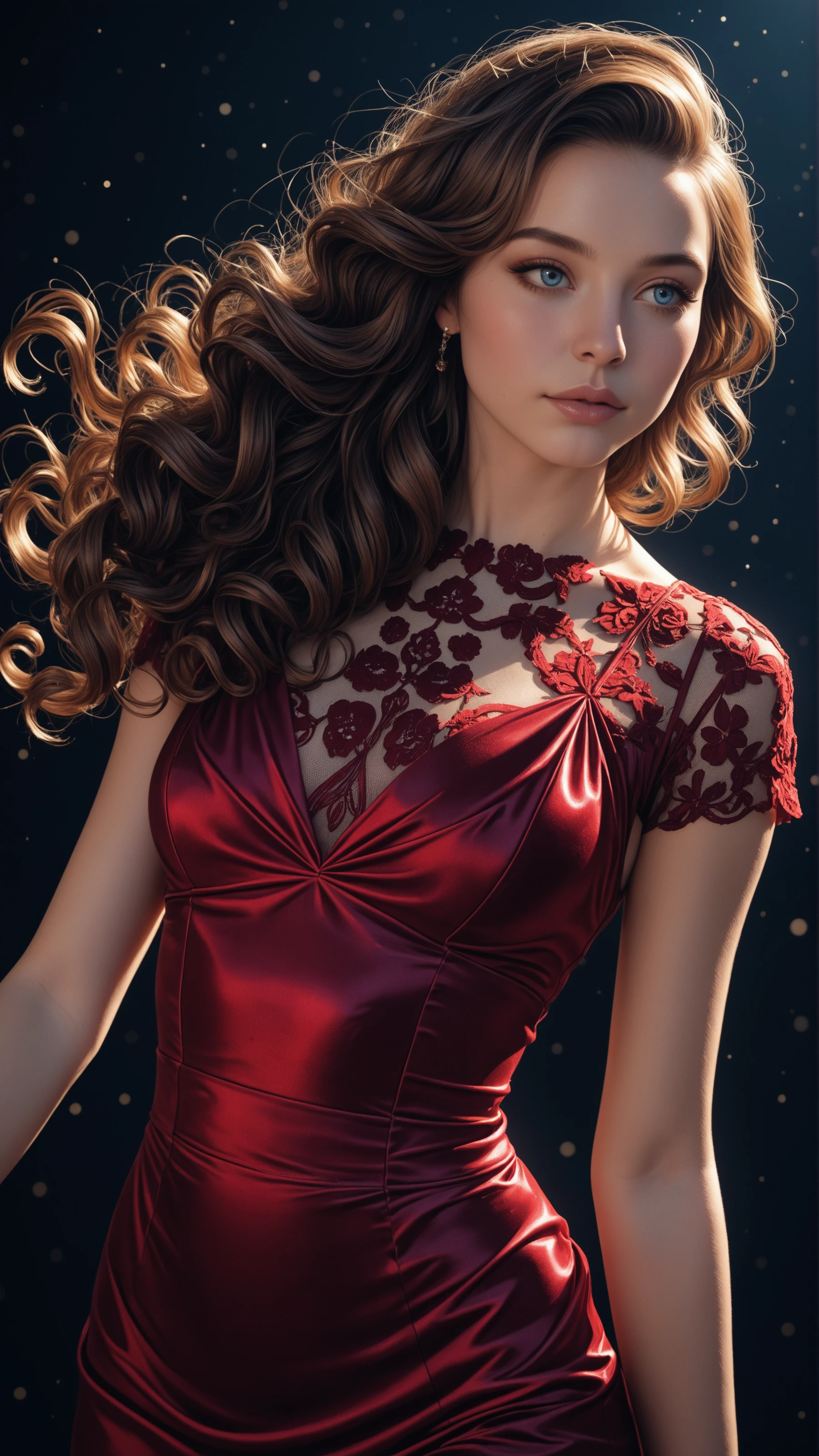 high_quality, masterpiece, best_quality, hyper-realistic, elegant_fashion, woman, curly_hair, brown_hair, blue_eyes, dappled_shadow, lace_dress, satin_dress, red_dress, blue_and_black_background, floating_hair, full_body, spinning_motion, flowing_fabric, soft_reflections, cinematic_lighting, dreamy_expression, high_fashion, luxury_style, romantic_ambience