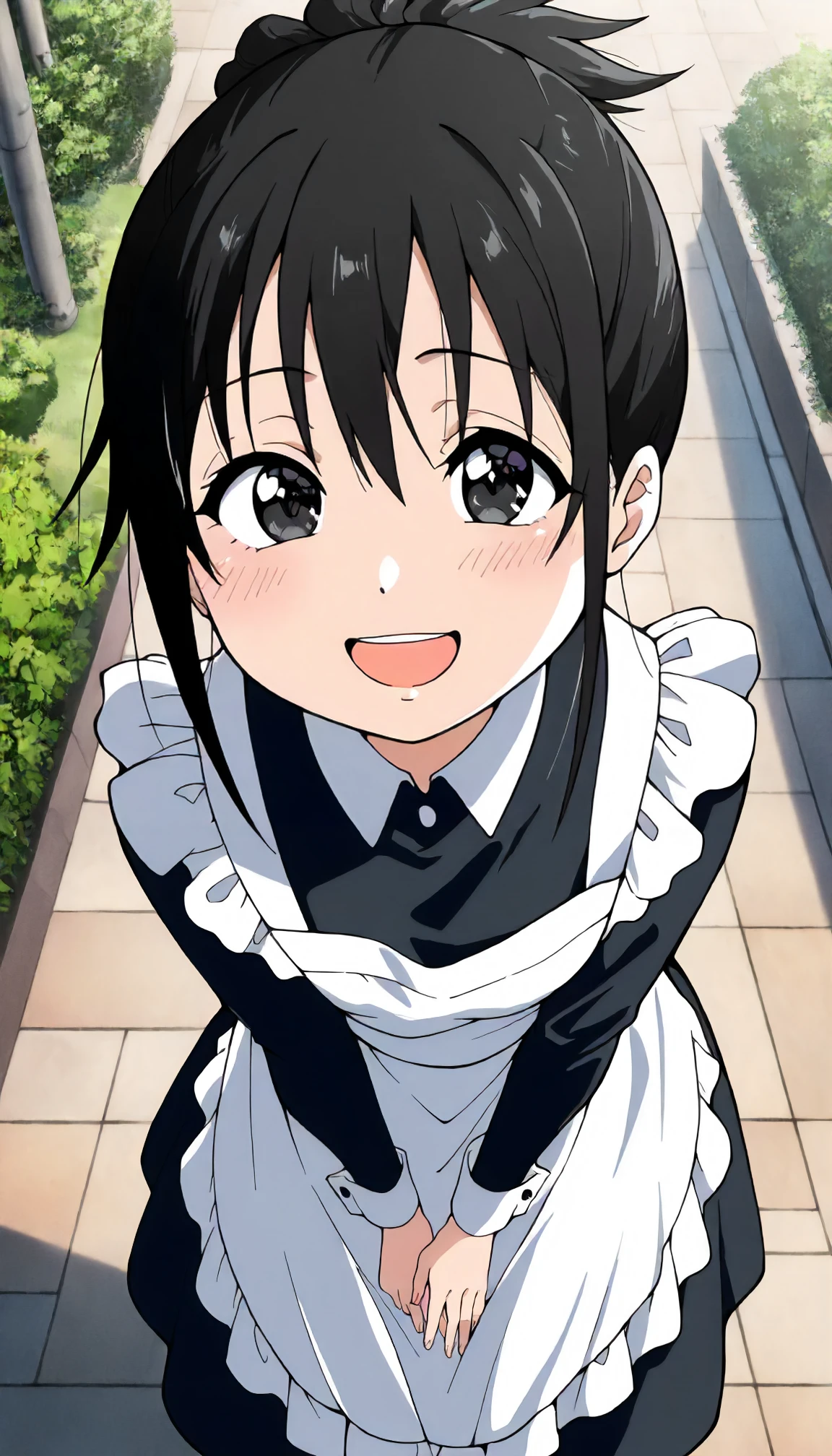 <lora:JD_sayoXLIllustrious001>,
masterpiece,best quality,good quality,newest,
outdoors,
smile,open mouth,
looking at viewer,
anime coloring,
sayo\(jamidokku!\),1girl,black hair,hair up,black eyes,
standing,
maid,
