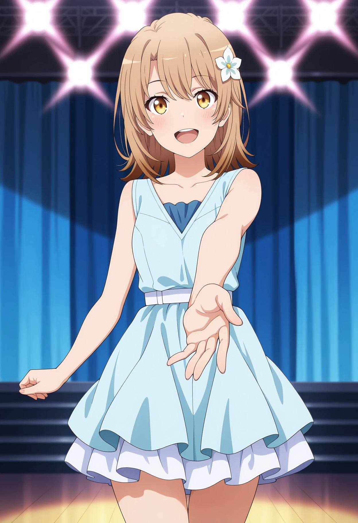anime screencap, masterpiece, best quality,
<lora:YahariOreNoSeishunLoveComedy_IsshikiIroha_IlluXL:0.9>,
1girl, solo, open mouth, smile, blush, upper teeth only,
medium hair, multicolored hair, light brown hair, brown hair, yellow eyes, hair between eyes,
hair flower, collarbone, sleeveless dress, short dress, layered dress, blue dress,
beckoning, reaching towards viewer,
thigh gap, cowboy shot, standing, looking at viewer,
stage lights, indoors, blurry background