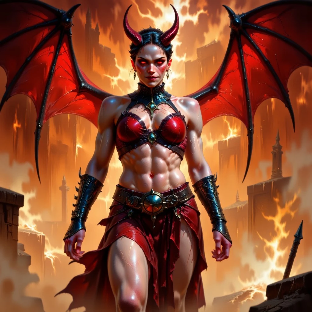DFOP-V2.5 style oil painting that features a fierce demoness in dynamic comic style, surrounded by a vivid, fiery ambiance that enhances her dark allure. Her striking figure stands tall, wings unfurled, casting sharp shadows against the glowing backdrop. Her bat-like wings, rendered in rich gradients of crimson and black, stretch outward with jagged edges, their veins illuminated by the surrounding light. Her glowing, fiery eyes pierce through the atmosphere, adding an intense focus to her confident, commanding expression. She wears a battle-ready ensemble that blends demonic and regal aesthetics. A crimson crop top exposes her toned midsection, detailed with black and silver accents in jagged, thorn-like patterns. Her flowing skirt, split at the sides to reveal her legs, features intricate metallic designs resembling gothic filigree, reinforcing her aura of power and darkness. Her left arm is clad in an intricate, silver gauntlet that extends into clawed fingertips,
