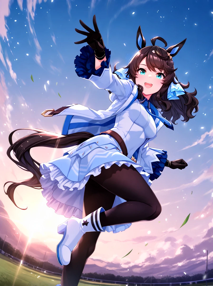 masterpiece, best quality, absurdres,ultra detailed,floating hair,
daring tact\(umamusume\), 1girl, horse ears, horse tail, black gloves, black pantyhose, white ankle boots, long sleeves,tail through clothes, white hooded jacket, sleeveless white dress, hair ribbon,
looking at viewer,
open mouth, big smile,dynamic pose, dynamic angle,
outdoors,sky, sun, (light particles:1.2),
<lora:ILL_daring_tact_ver1.0:0.85>