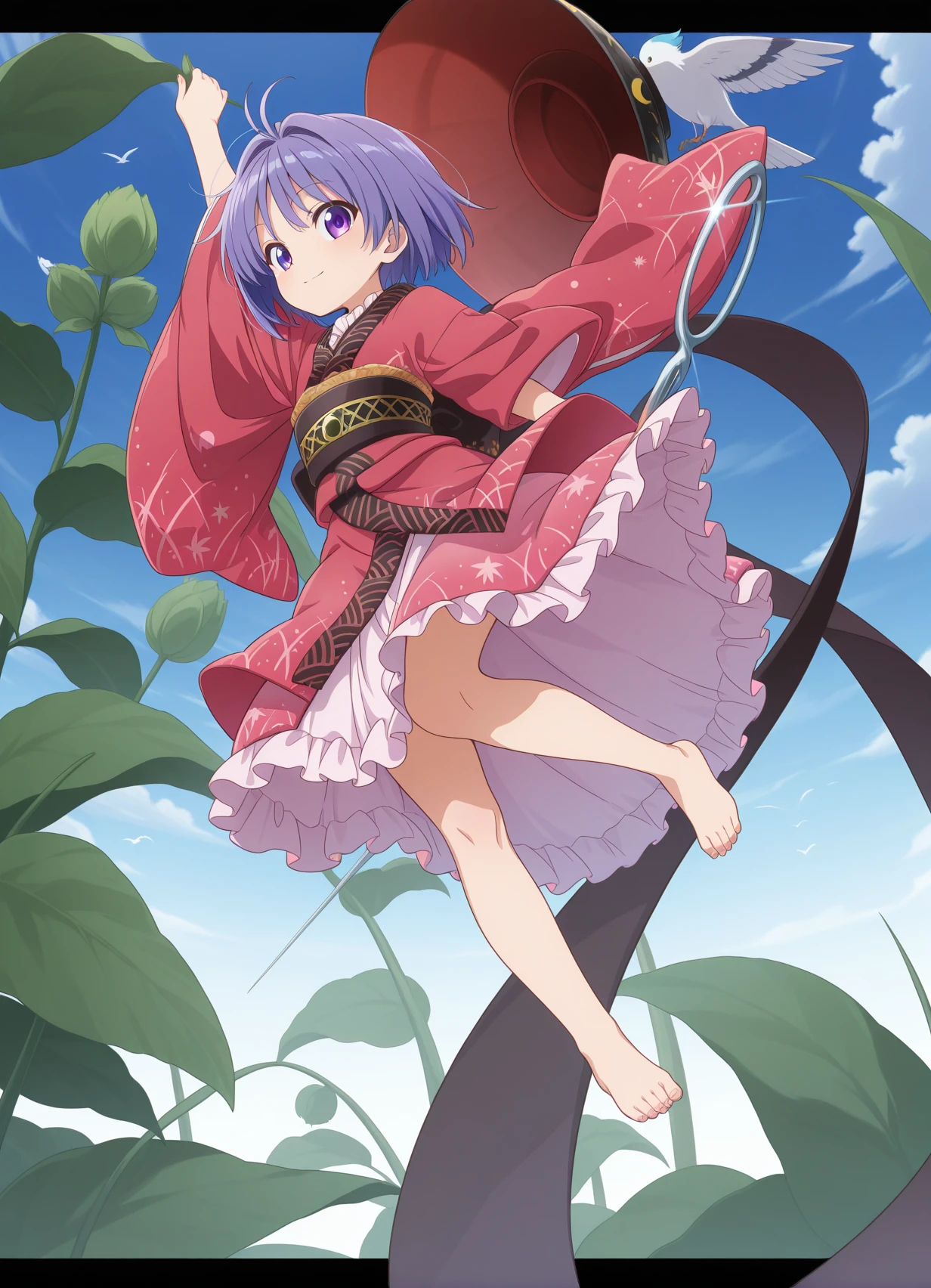 absurdres, highres, masterpiece, best quality, amazing quality, official anime artwork, screencap, anime screencap, outdoors, light smile, looking at viewer, dynamic pose, shining needle castle,
<lora:Shinmyoumaru-Sukuna_Illustrious:1> sukuna shinmyoumaru, 1girl, solo, blue eyes, purple eyes, blue hair, purple hair, short hair, antena hair,, bowl hat, japanese clothes, red kimono, frilled kimono, long sleeves, wide sleeves, sash, pink skirt, frilled skirt, 
minigirl, arm up, barefoot, bird, blue sky, cloud, day, needle sword, plant, sky, unworn hat, unworn headwear,