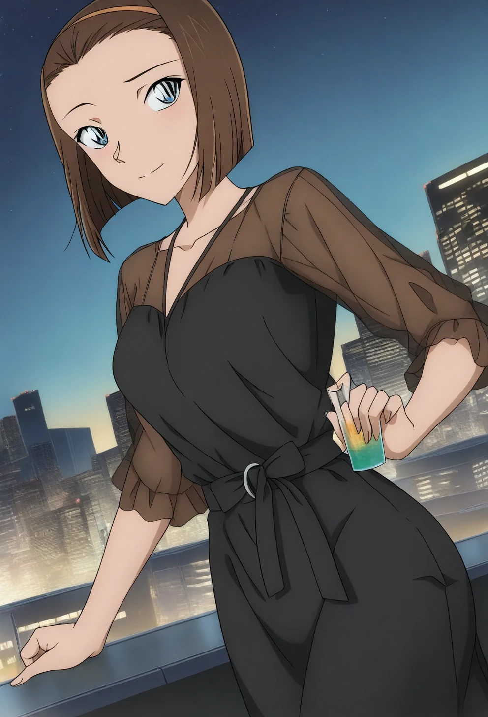 <lora:Sonoko Suzuki - [Detective Conan] - illustriousXL v1:1>, sysdeep_sonoko, 1girl, solo, short hair, blue eyes, brown hair, bob cut, forehead, anime coloring, 1girl, solo, rooftop_bar, city_view, elegant_black_dress, cocktail_in_hand, dusk_sky, casual_elegance, soft_smile, anime coloring
